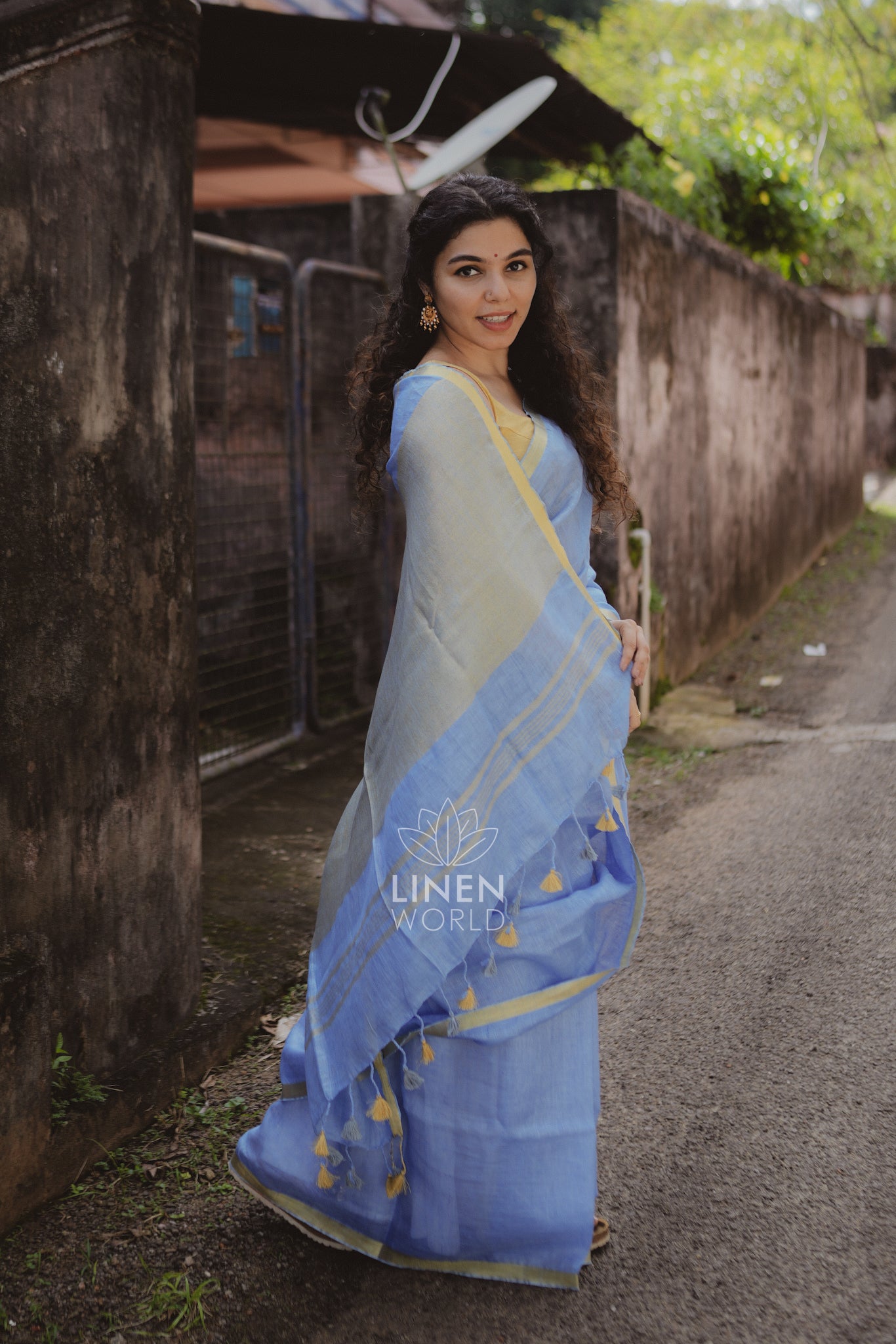 tanishka: blue gold zari pure handwoven linen saree - linen world