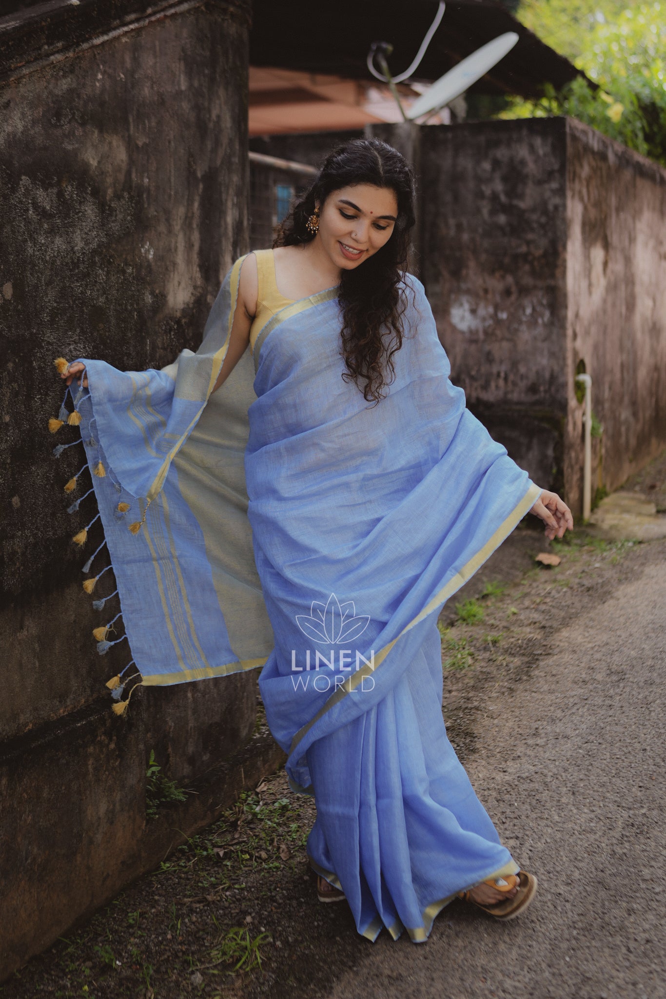 tanishka: blue gold zari pure handwoven linen saree - linen world
