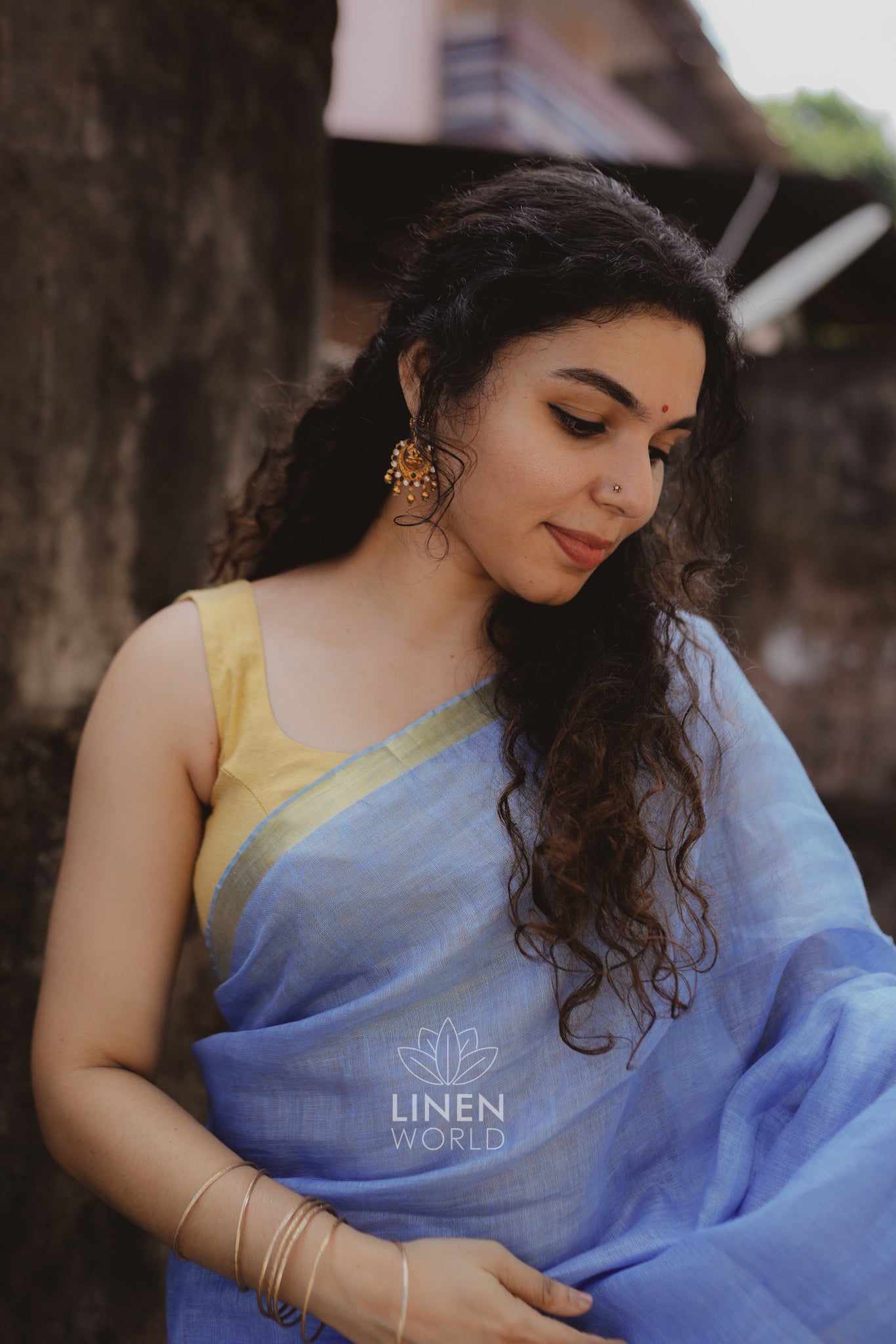 tanishka: blue gold zari pure handwoven linen saree - linen world