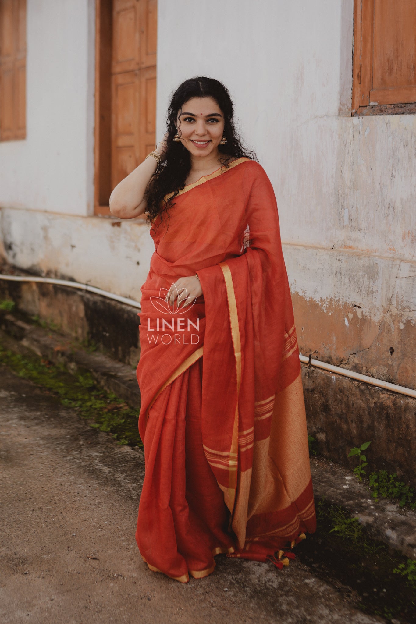 tanishka: red gold zari pure handwoven linen saree - linen world