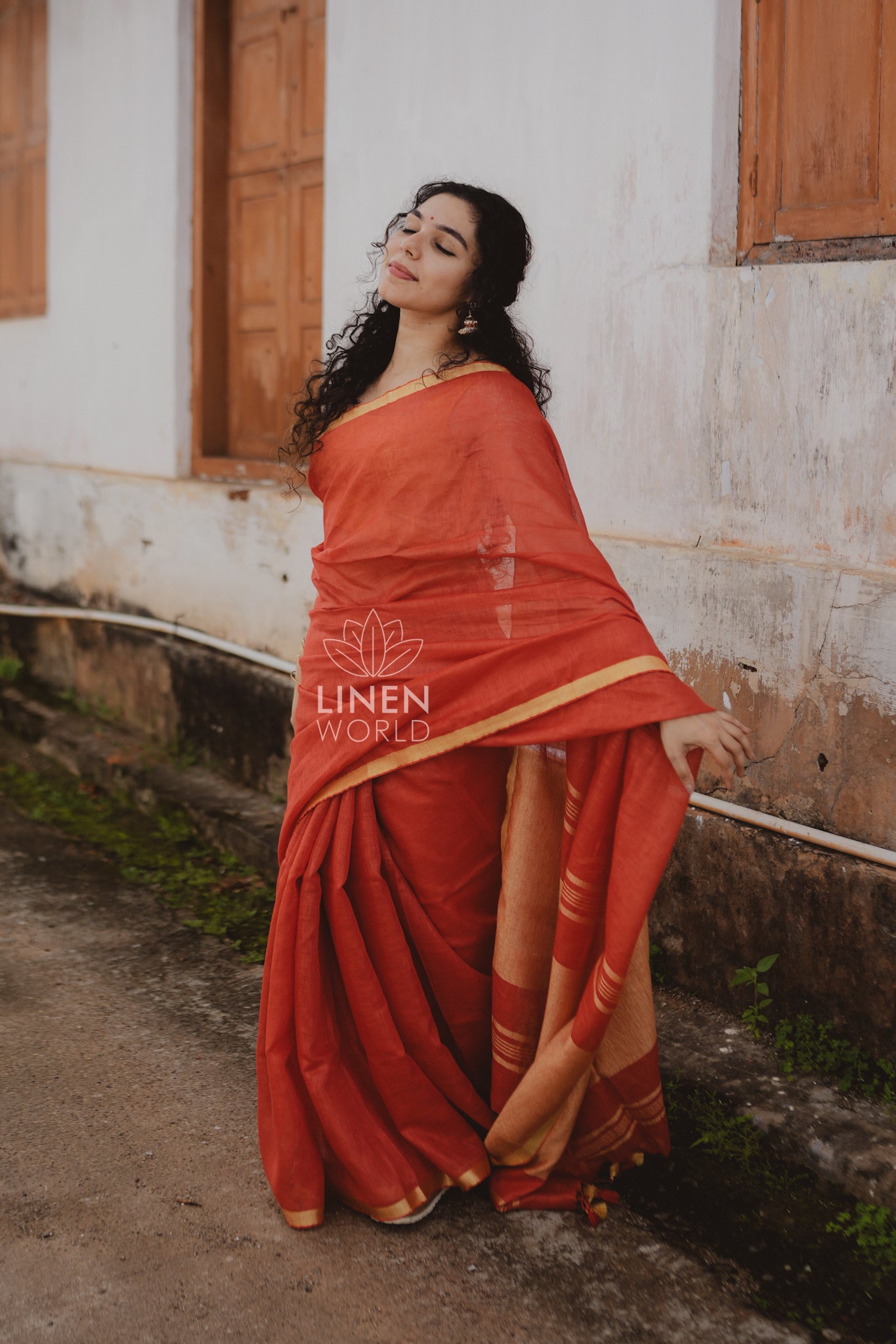 tanishka: red gold zari pure handwoven linen saree - linen world