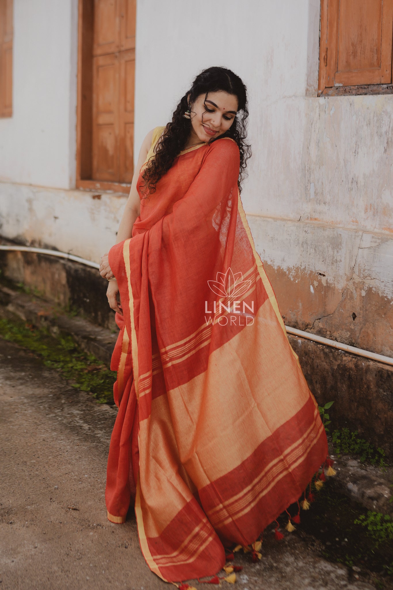 tanishka: red gold zari pure handwoven linen saree - linen world