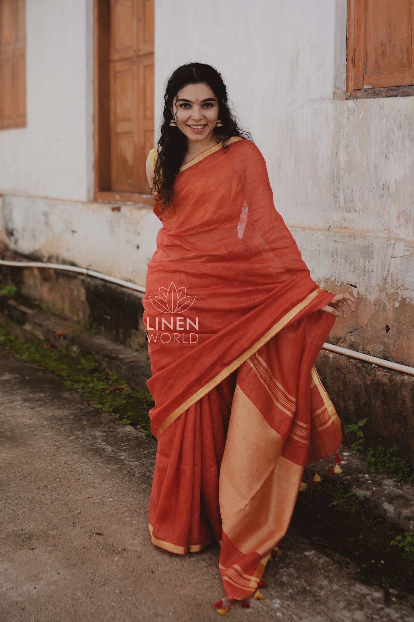 tanishka: red gold zari pure handwoven linen saree - linen world