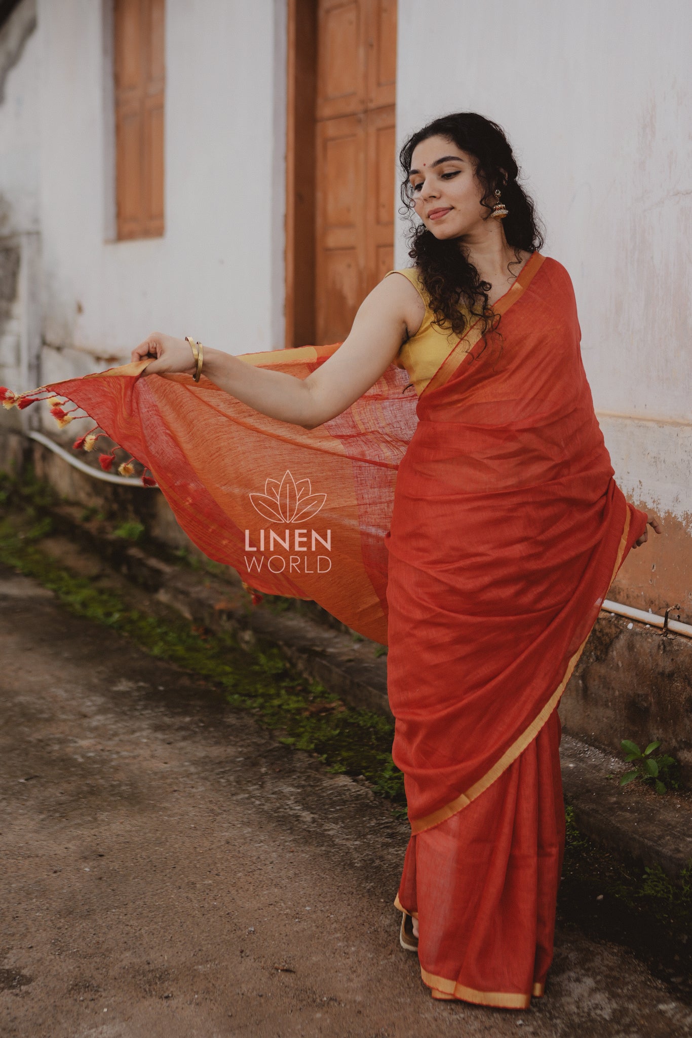 tanishka: red gold zari pure handwoven linen saree - linen world