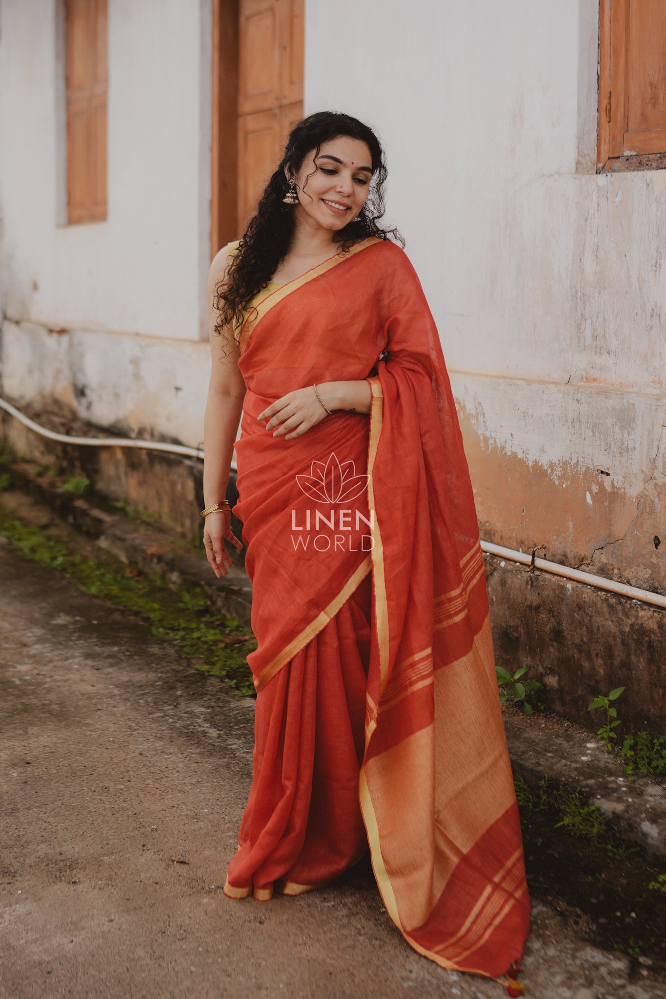 tanishka: red gold zari pure handwoven linen saree - linen world