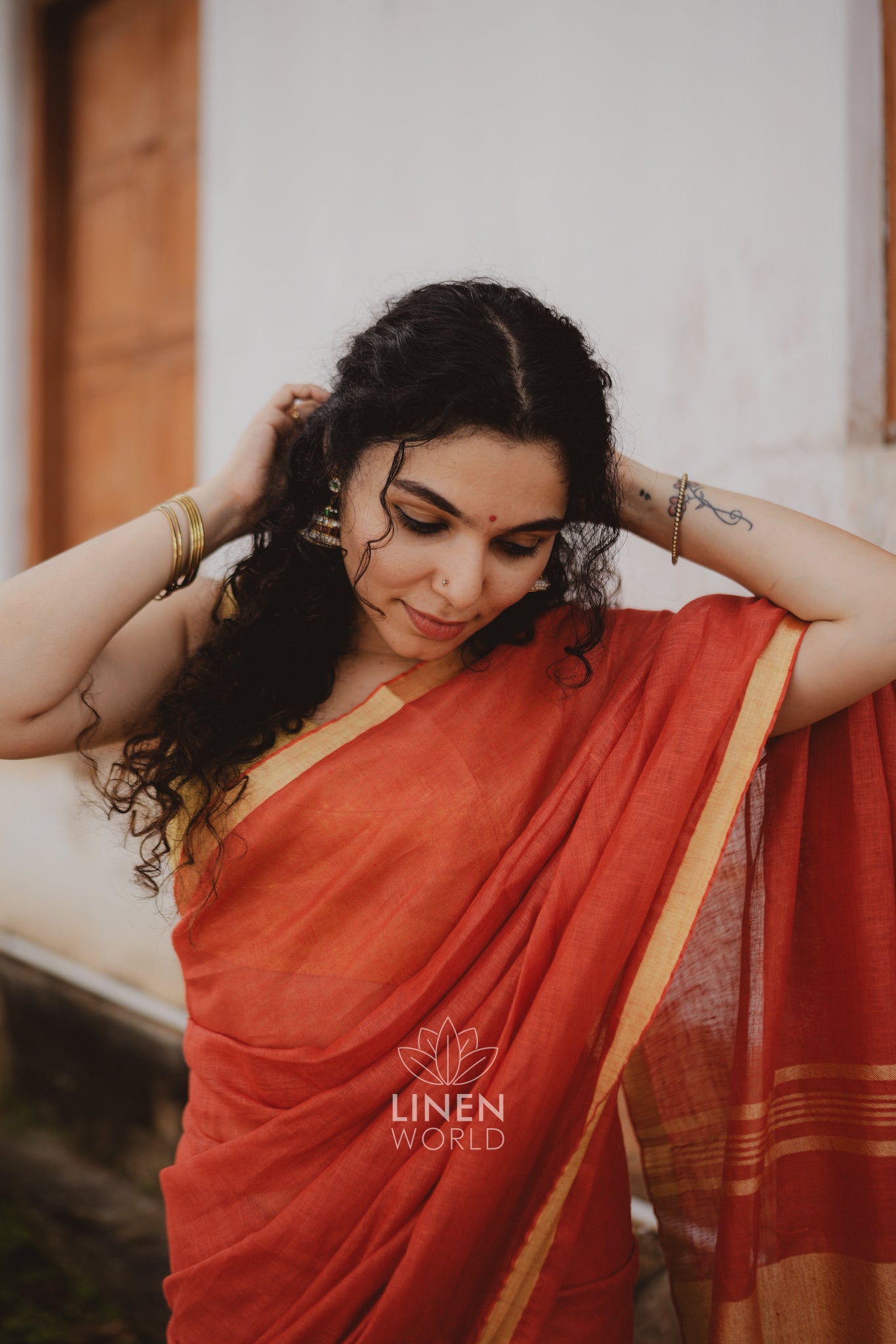 tanishka: red gold zari pure handwoven linen saree - linen world