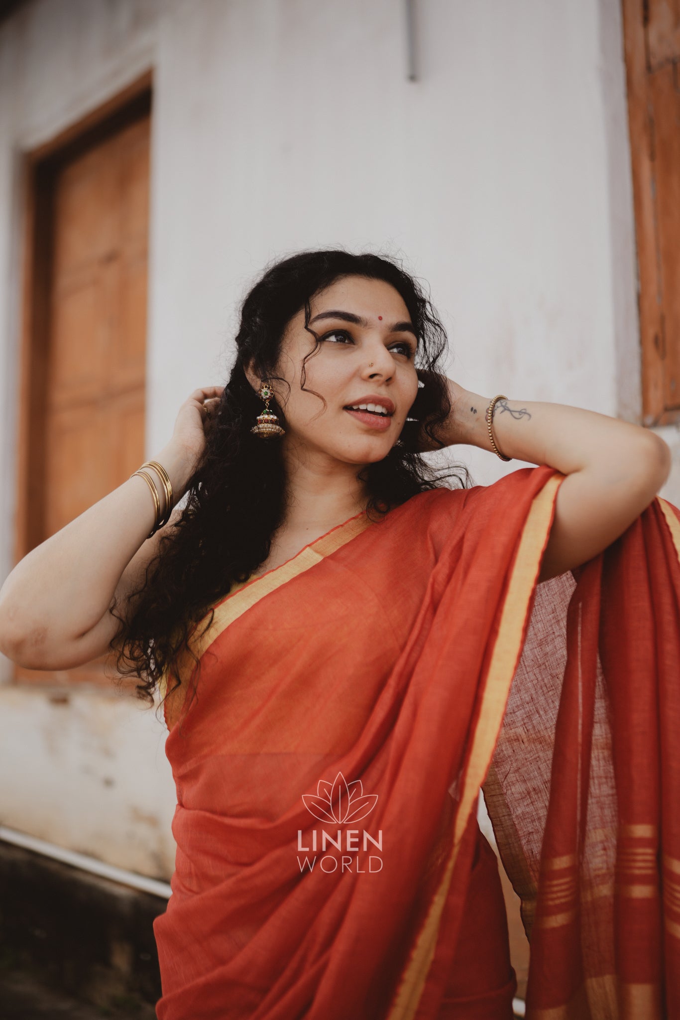 tanishka: red gold zari pure handwoven linen saree - linen world