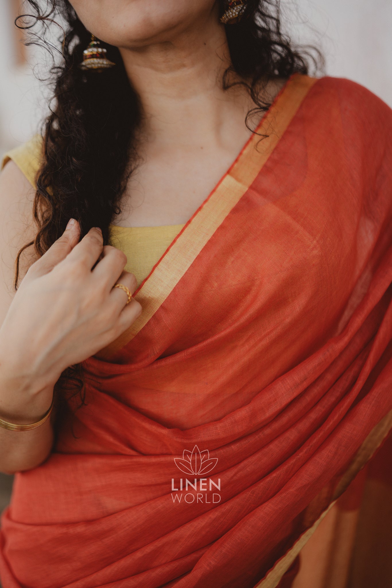 tanishka: red gold zari pure handwoven linen saree - linen world