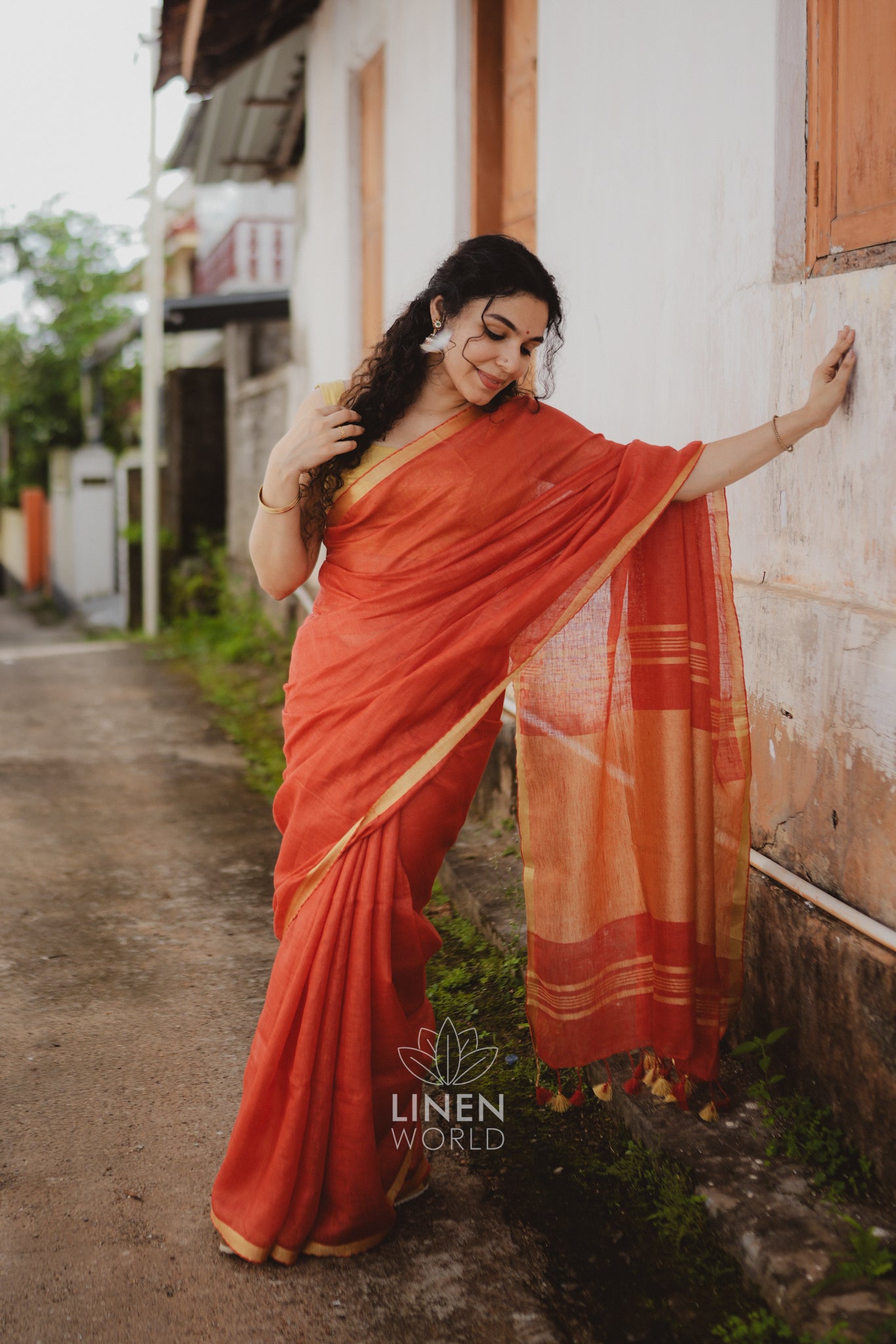 tanishka: red gold zari pure handwoven linen saree - linen world