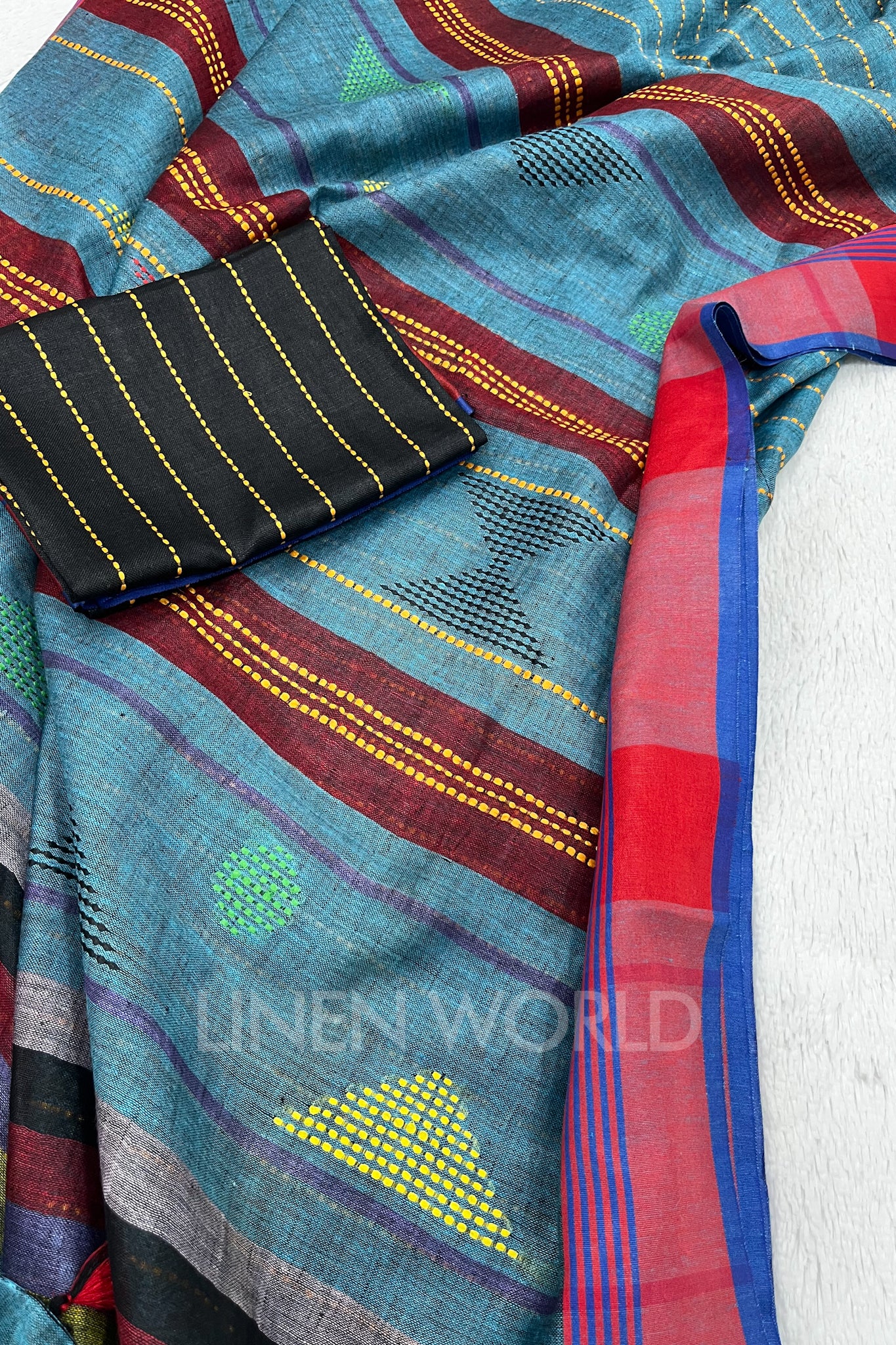 nirja (blue handloom kantha linen saree) - linenworldonline.in