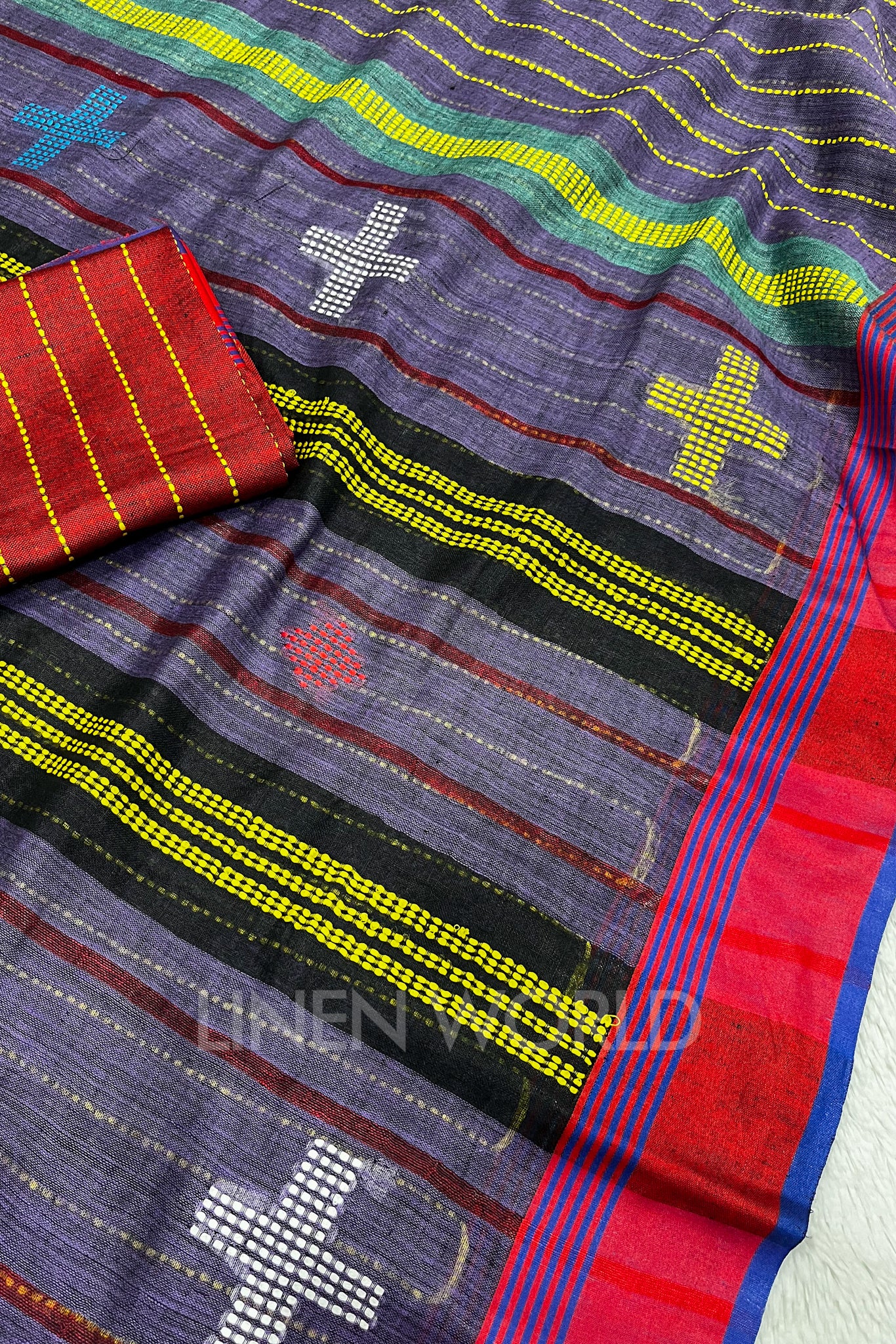 devika (purple handloom kantha linen saree) - linenworldonline.in