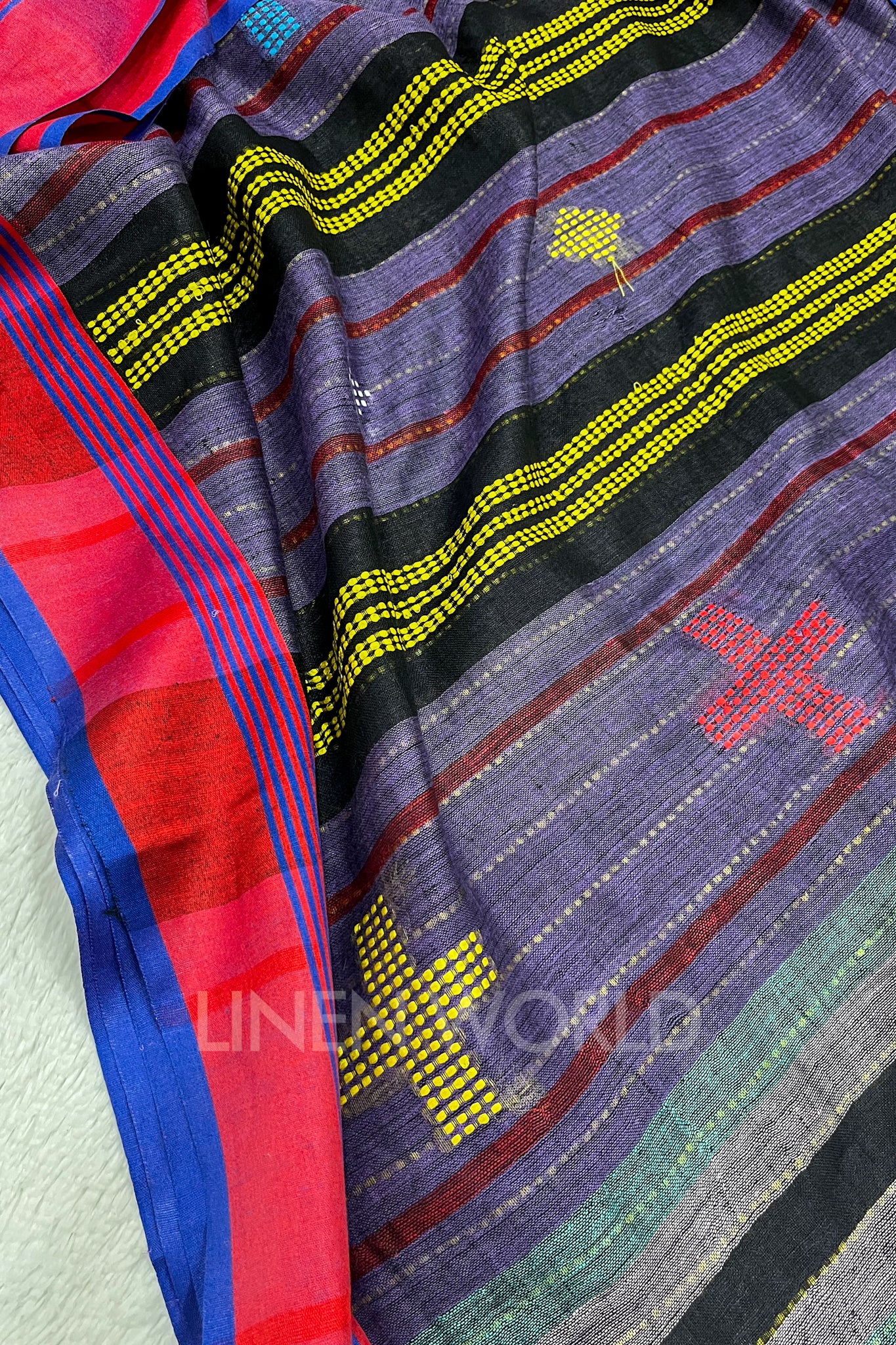 devika (purple handloom kantha linen saree) - linenworldonline.in