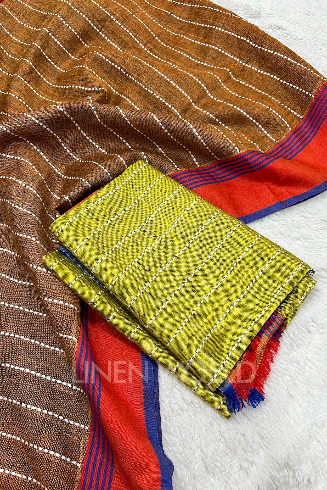 aria (brown handloom kantha linen saree) - linenworldonline.in