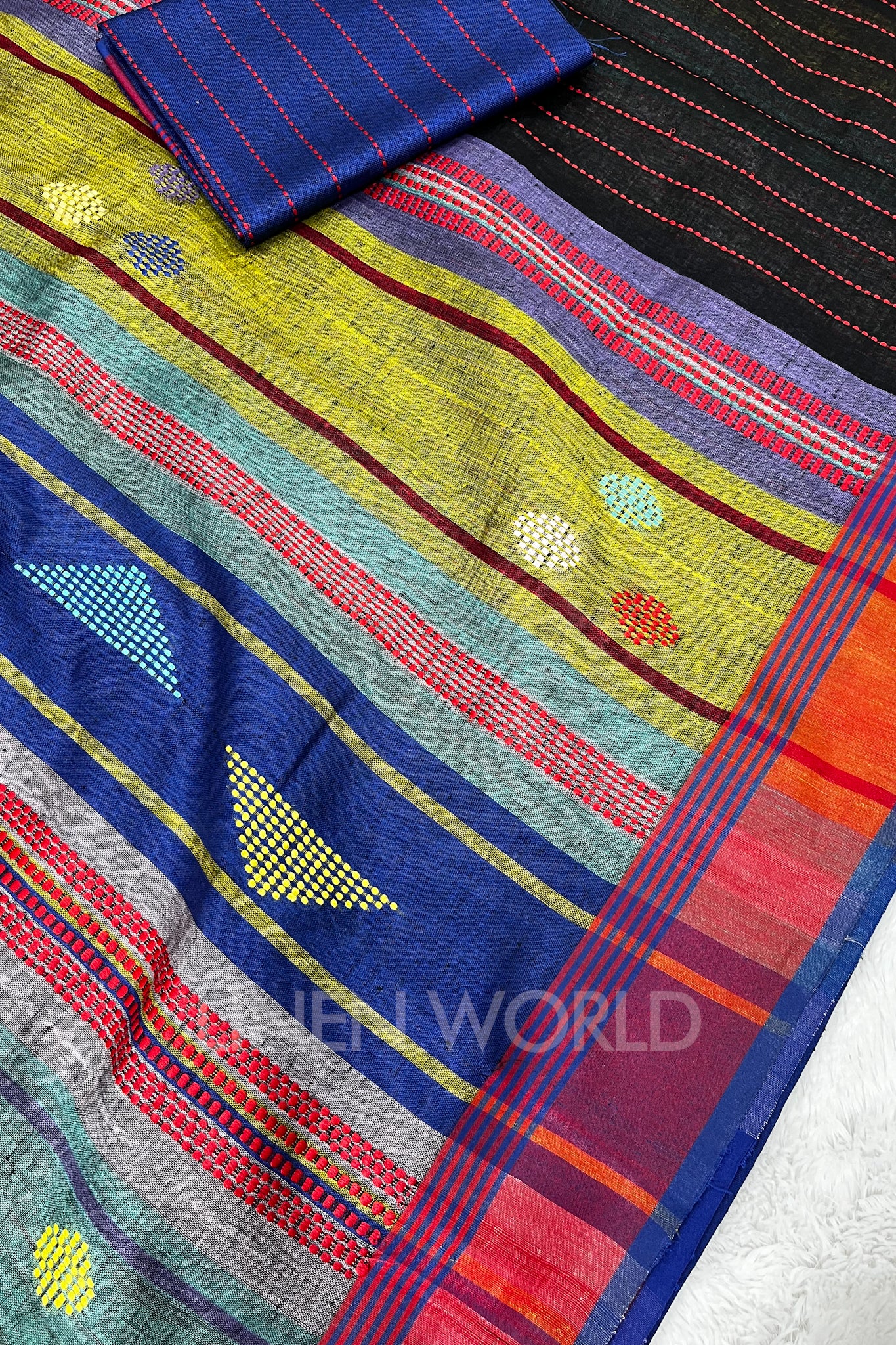 mugdha (black handloom kantha linen saree) - linenworldonline.in