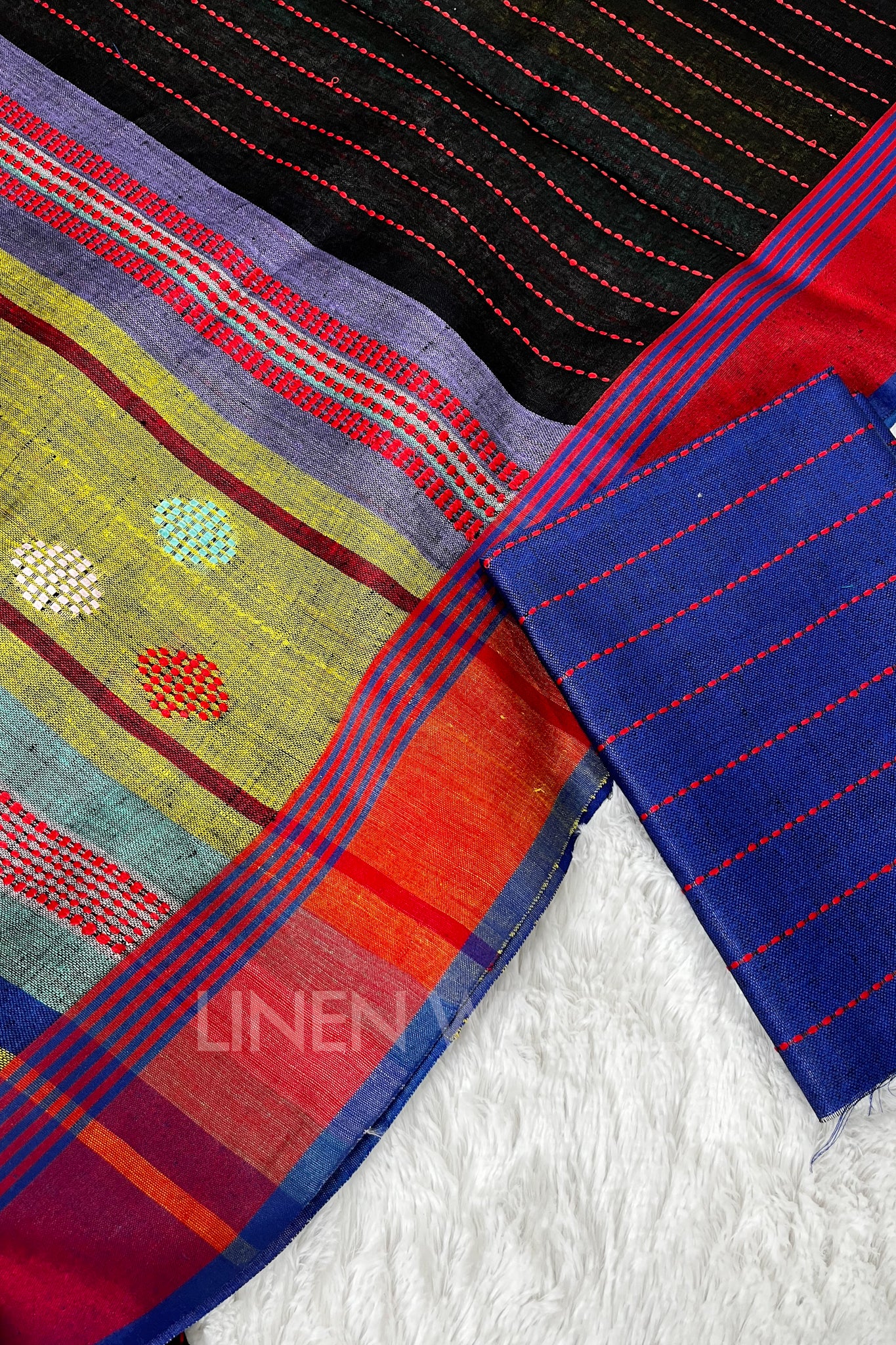 mugdha (black handloom kantha linen saree) - linenworldonline.in