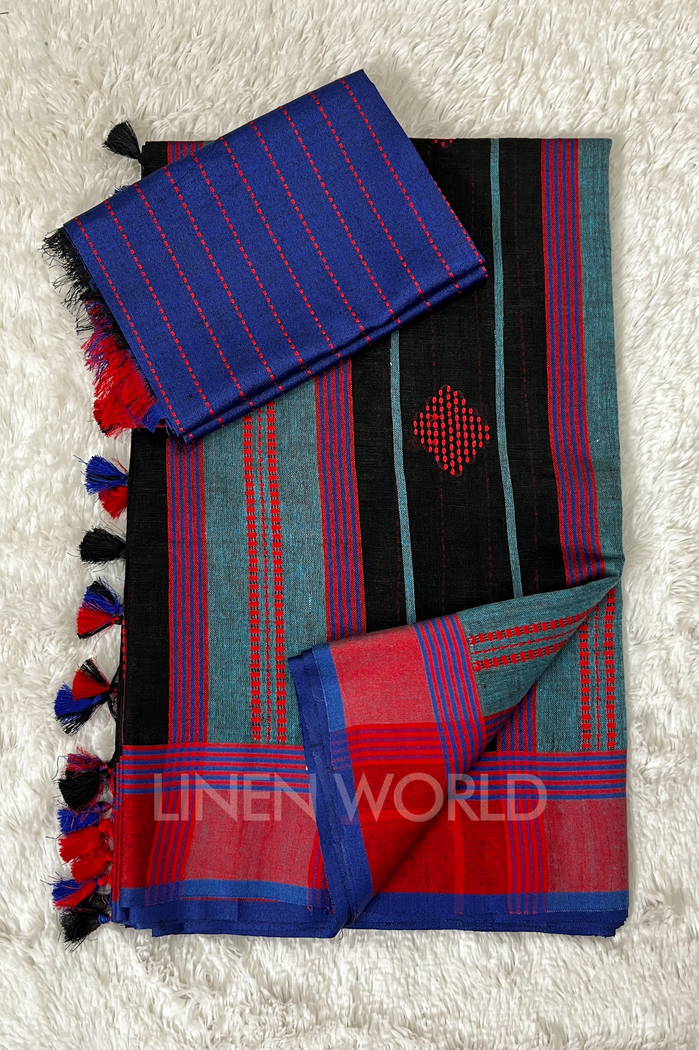 reva (black handloom kantha linen saree) - linenworldonline.in