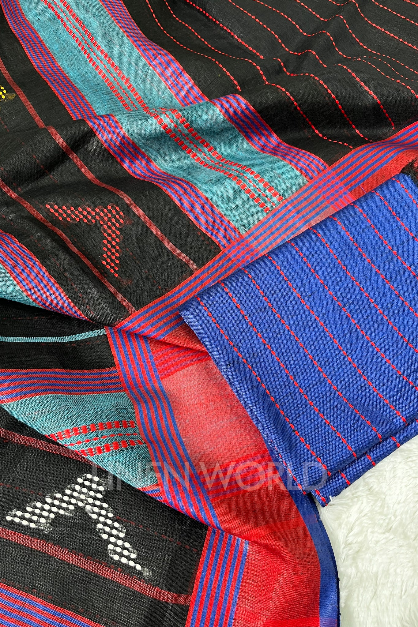 reva (black handloom kantha linen saree) - linenworldonline.in