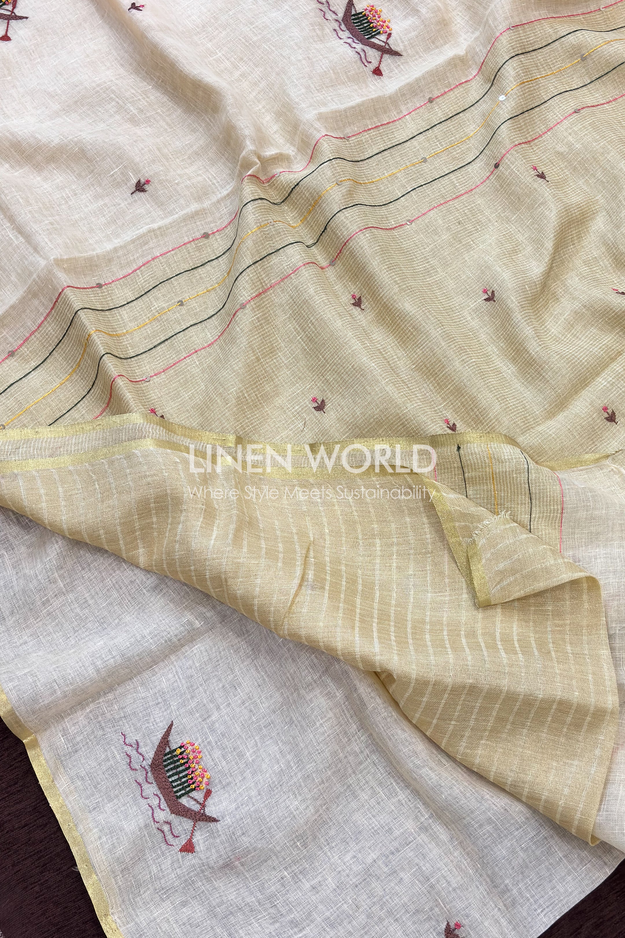 Handwoven Bhagalpur linen saree with hand stitched French knot flower boat detail by linen world