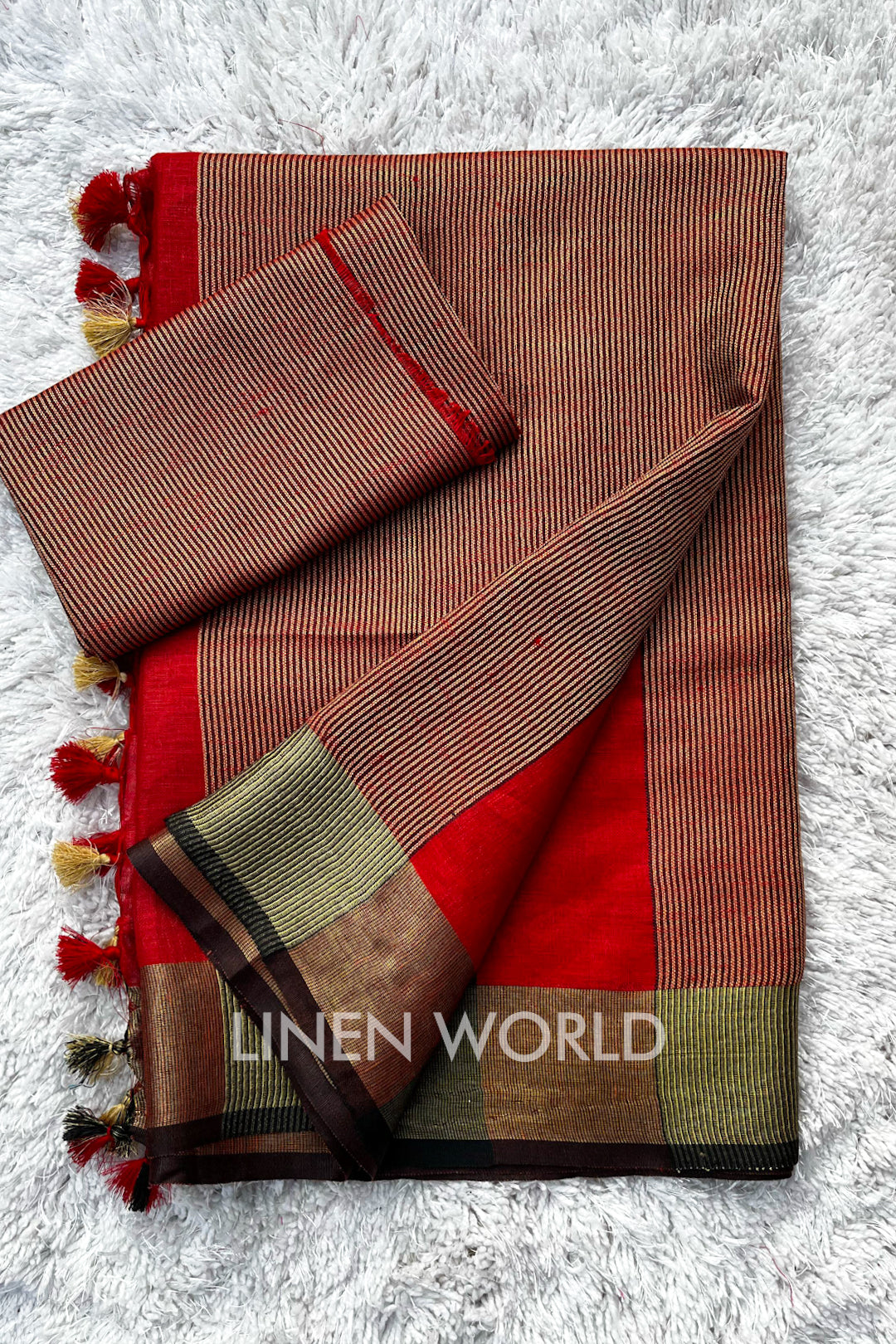 natalia - nusrat jahan in red handwoven pure linen saree - linenworldonline.in