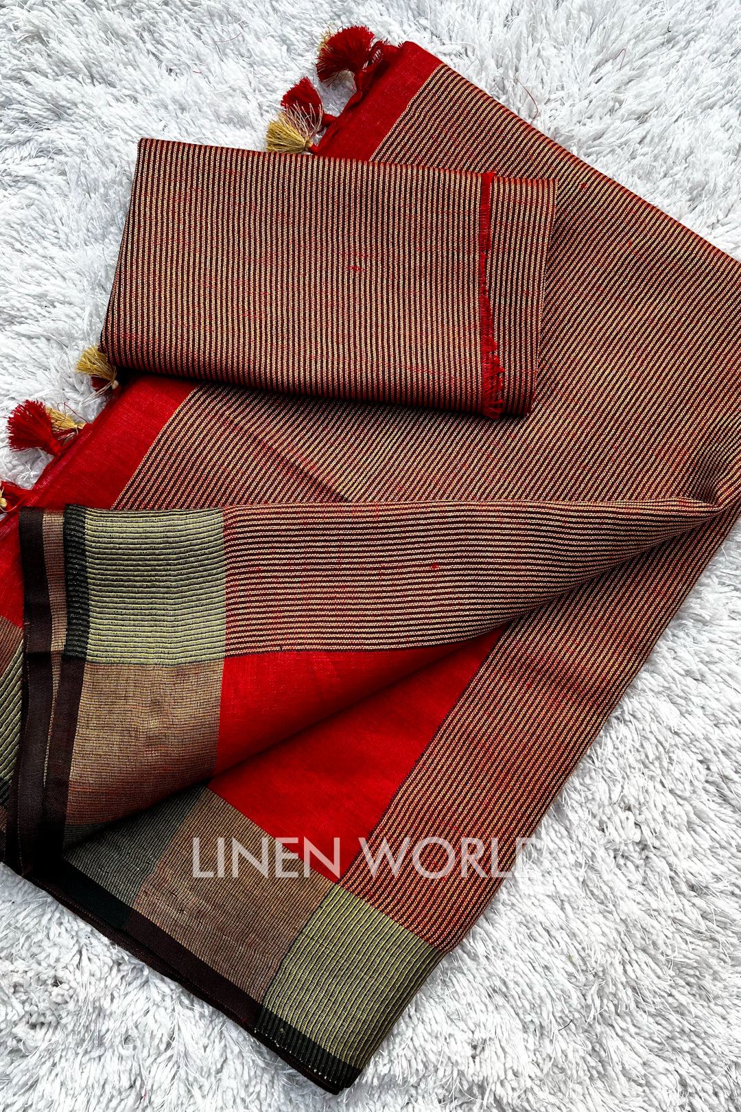 natalia - nusrat jahan in red handwoven pure linen saree - linenworldonline.in