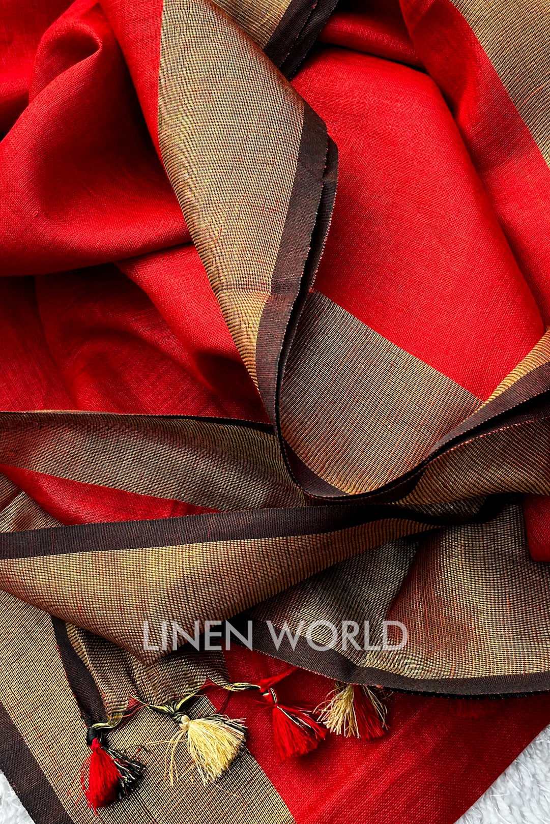natalia - nusrat jahan in red handwoven pure linen saree - linenworldonline.in