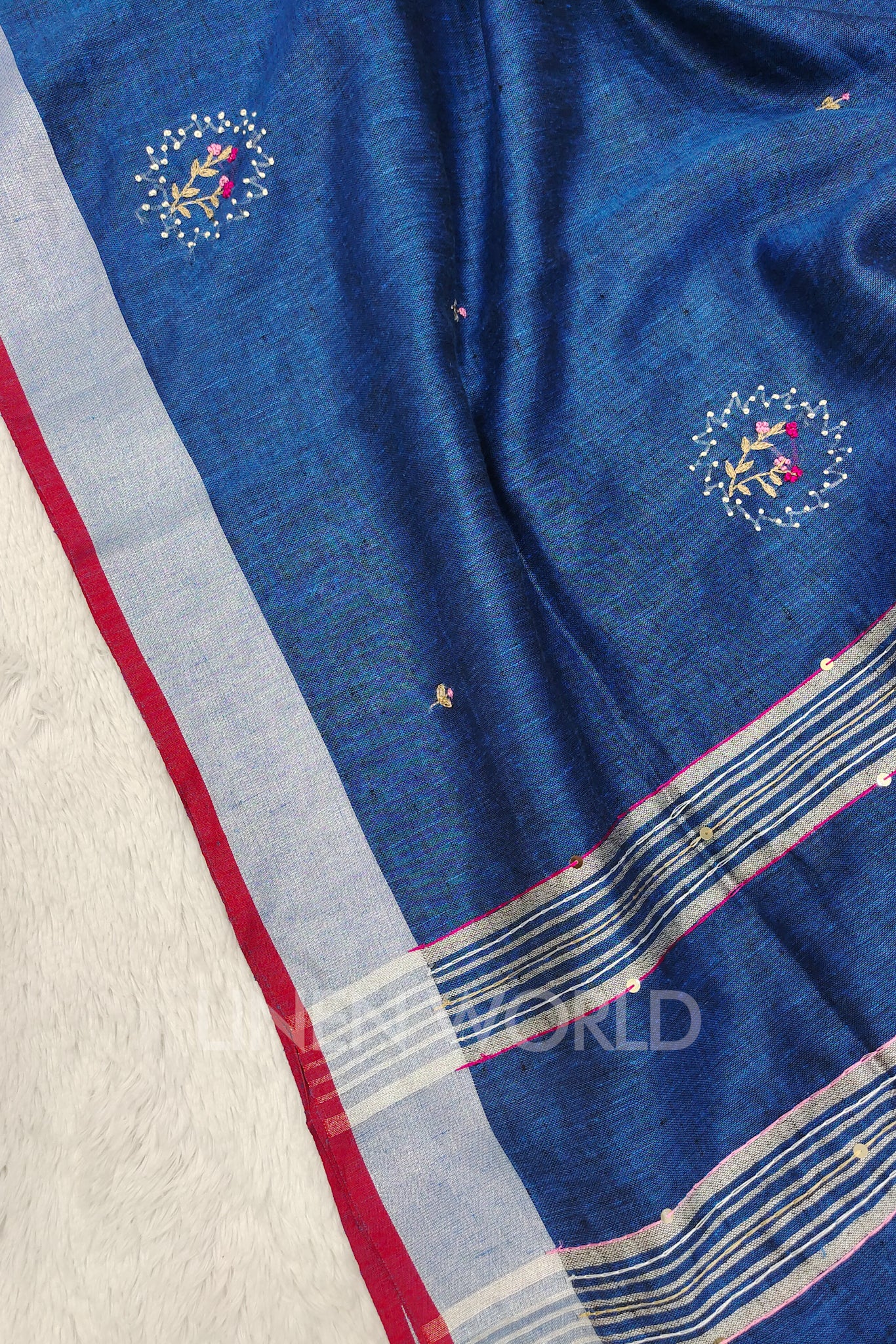 abeeha (blue french knot linen saree) - linenworldonline.in