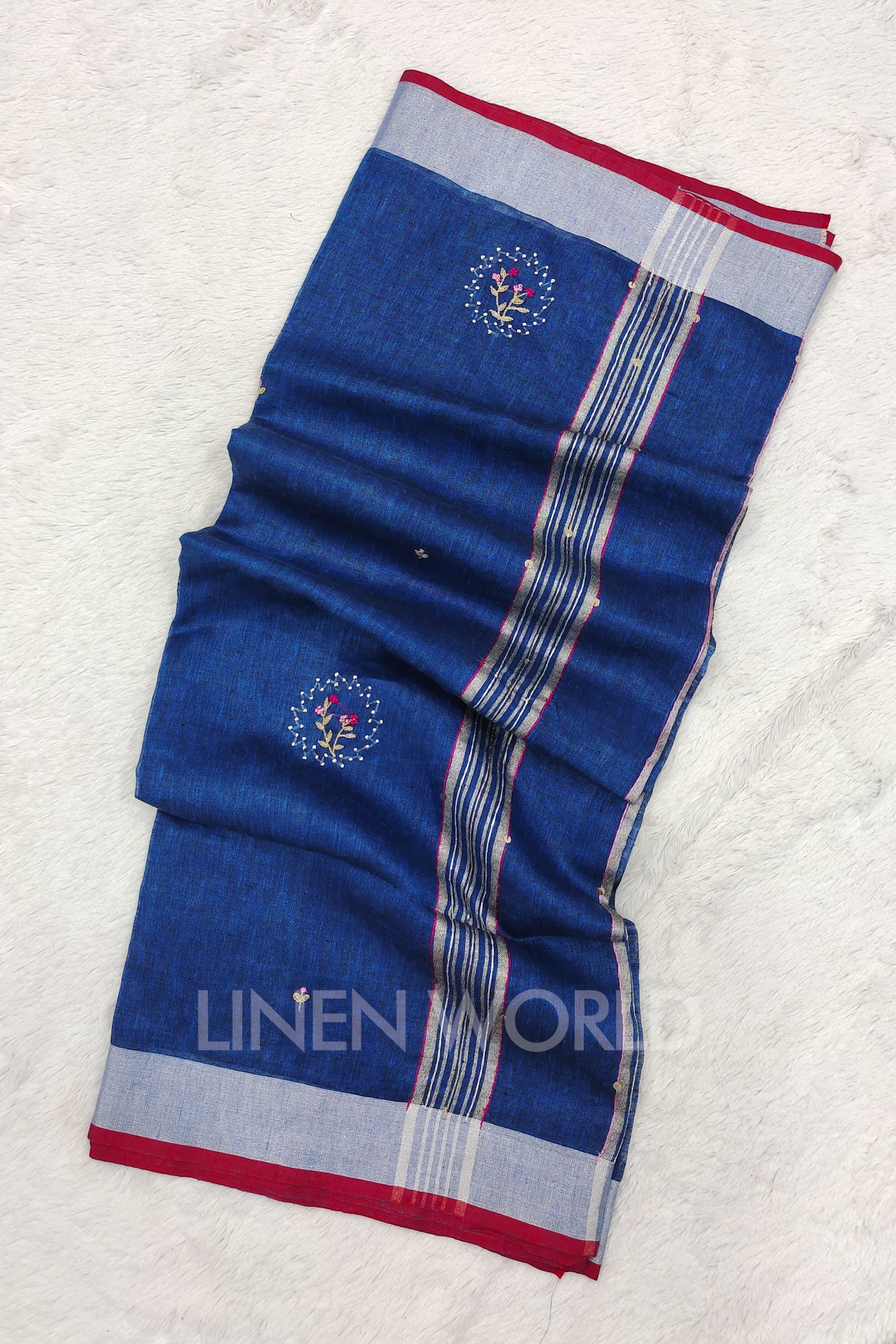 abeeha (blue french knot linen saree) - linenworldonline.in