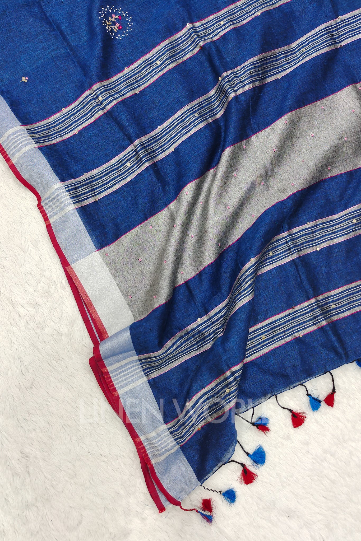 abeeha (blue french knot linen saree) - linenworldonline.in