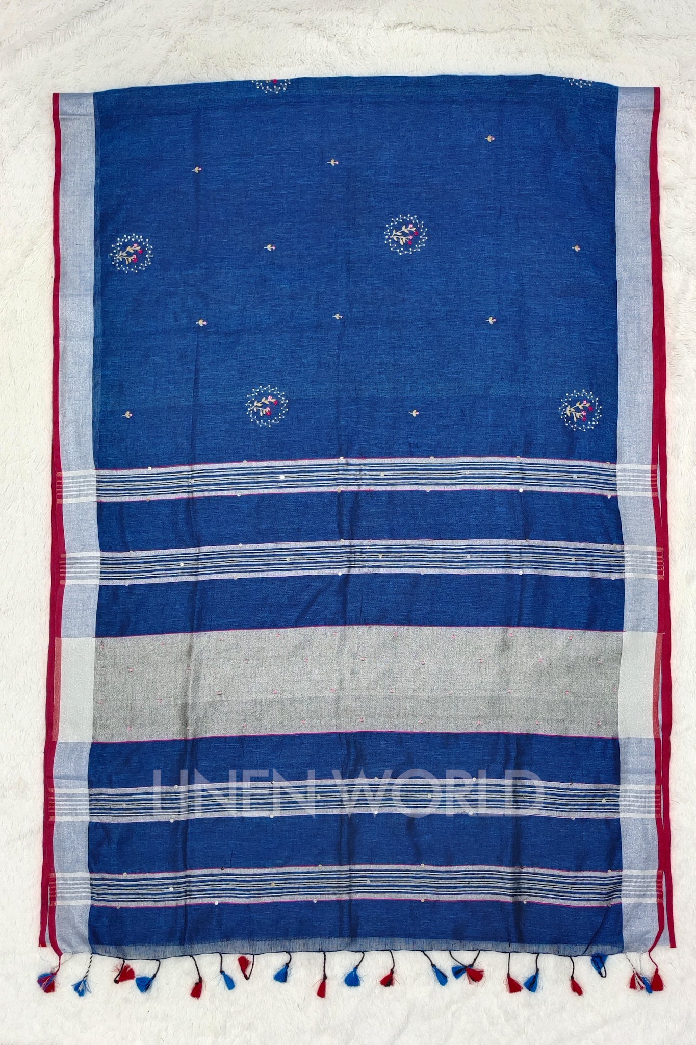 abeeha (blue french knot linen saree) - linenworldonline.in