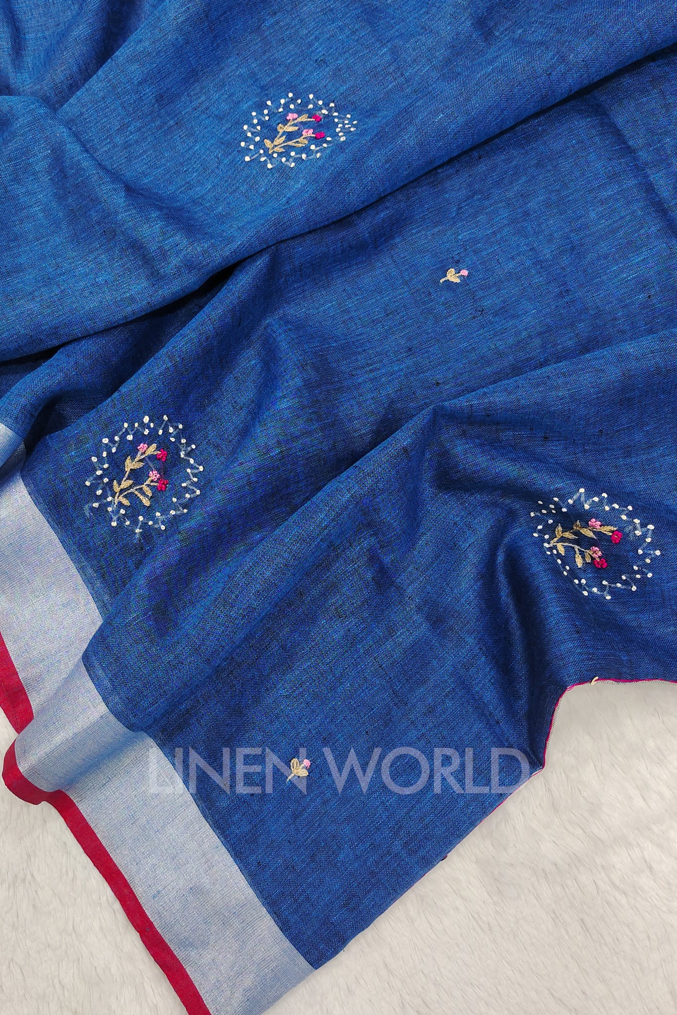 abeeha (blue french knot linen saree) - linenworldonline.in