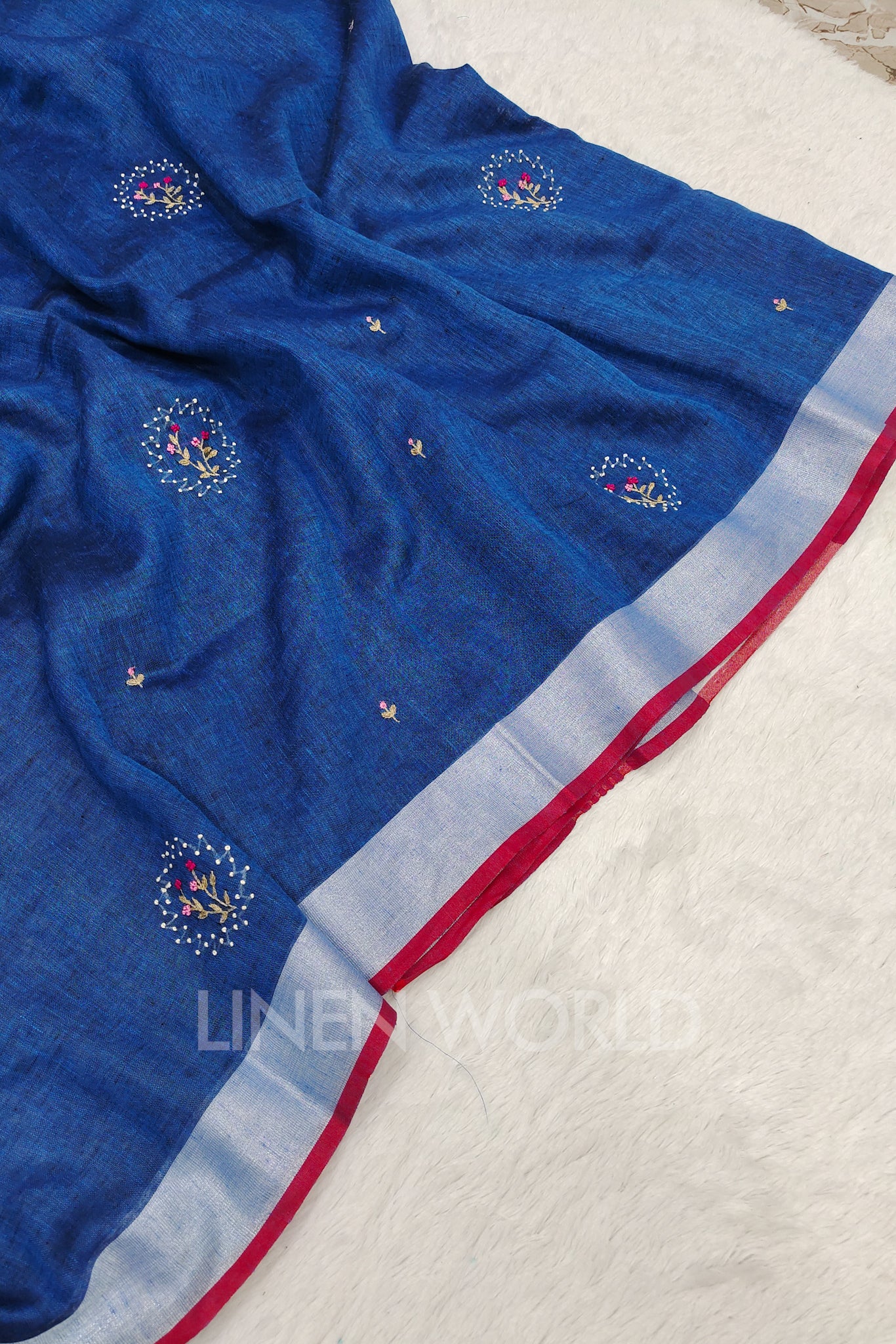 abeeha (blue french knot linen saree) - linenworldonline.in