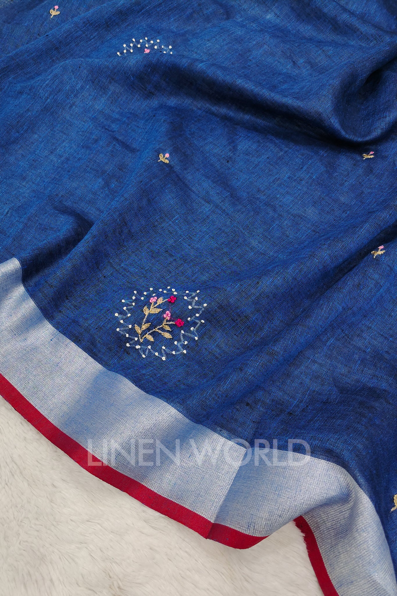 abeeha (blue french knot linen saree) - linenworldonline.in