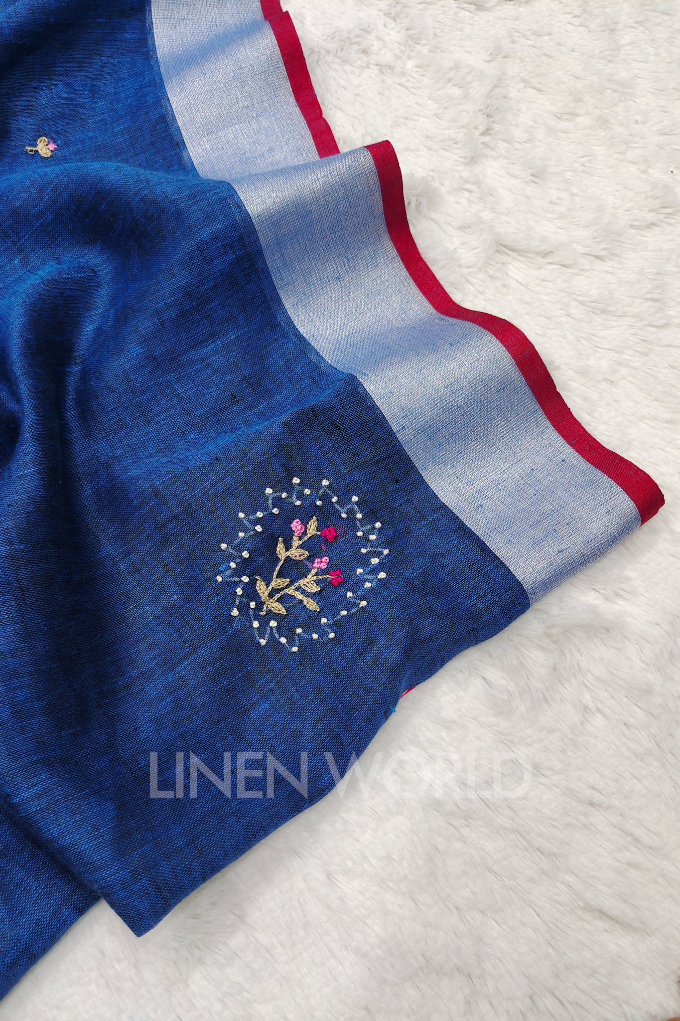 abeeha (blue french knot linen saree) - linenworldonline.in