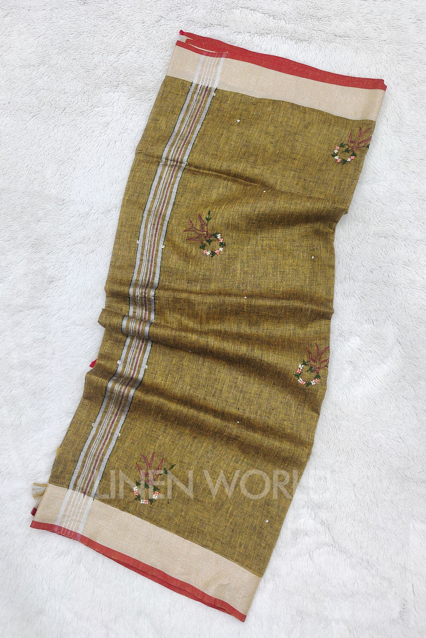 zainab (khaki green french knot linen saree) - linenworldonline.in