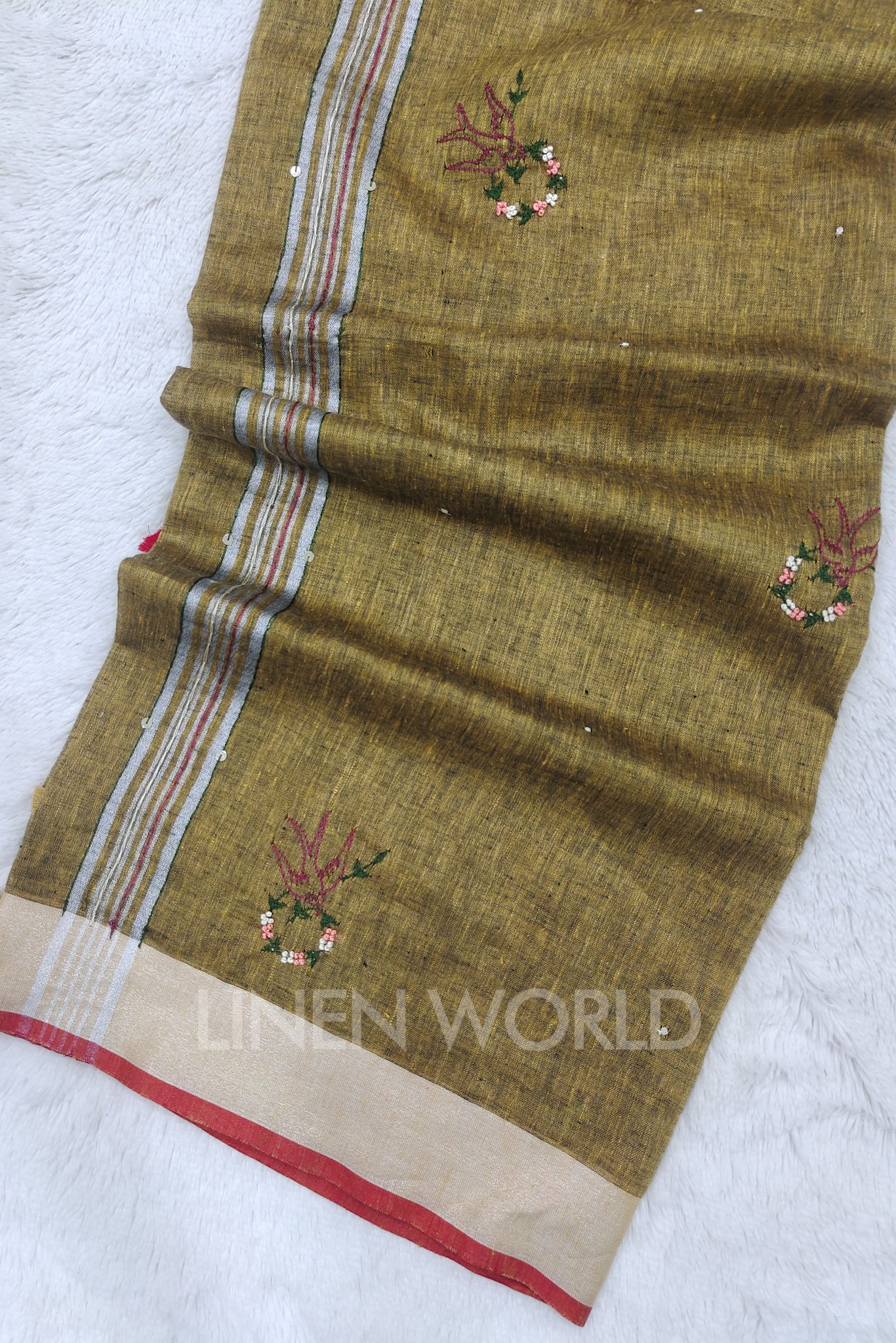 zainab (khaki green french knot linen saree) - linenworldonline.in