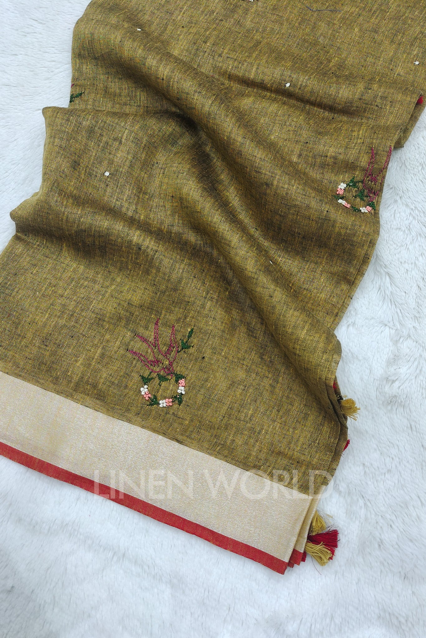 zainab (khaki green french knot linen saree) - linenworldonline.in