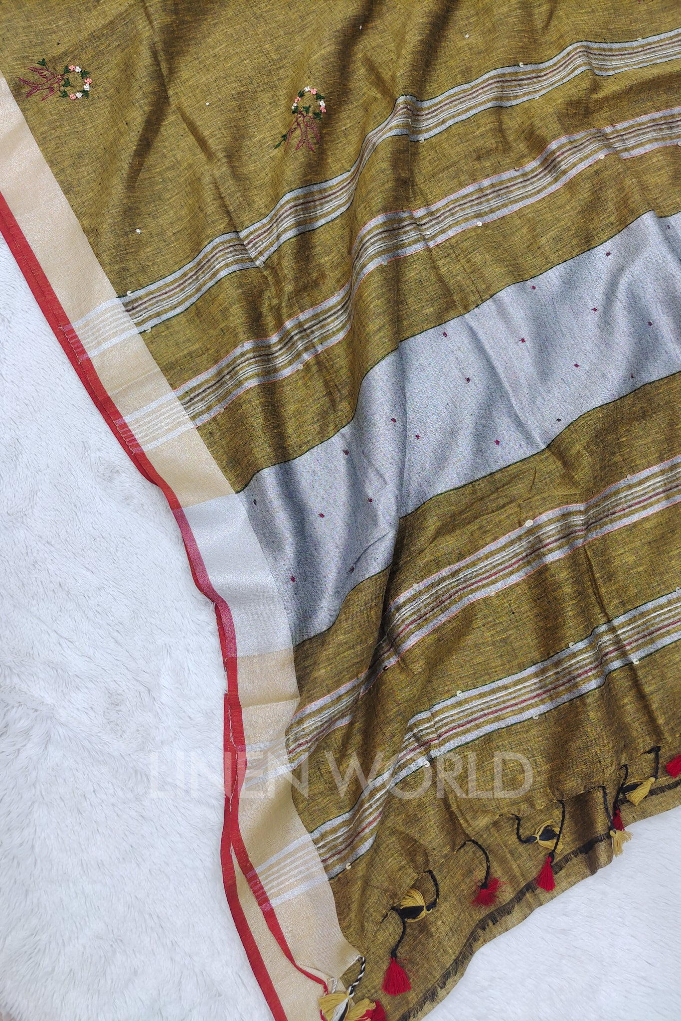 zainab (khaki green french knot linen saree) - linenworldonline.in