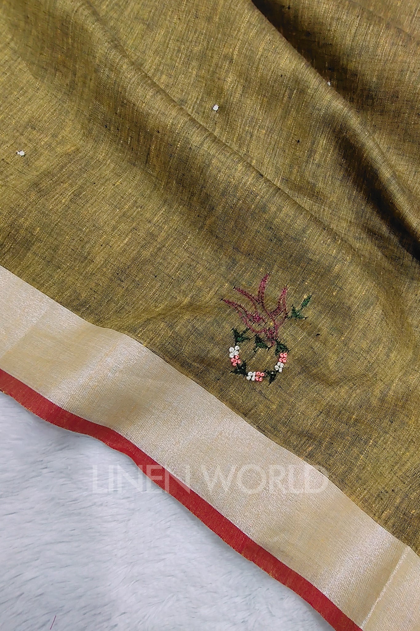 zainab (khaki green french knot linen saree) - linenworldonline.in
