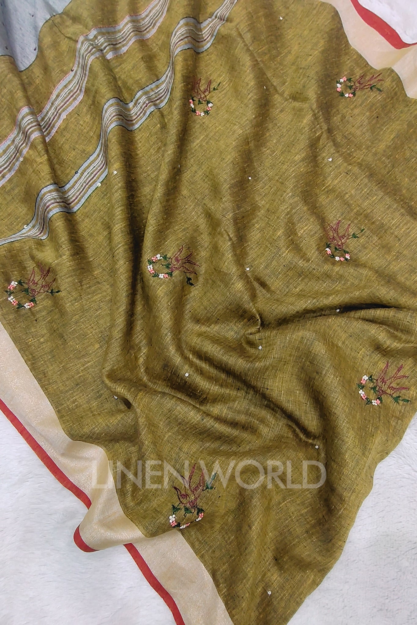 zainab (khaki green french knot linen saree) - linenworldonline.in