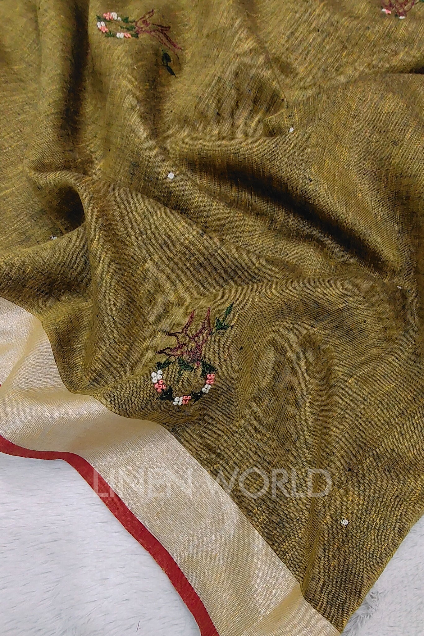 zainab (khaki green french knot linen saree) - linenworldonline.in