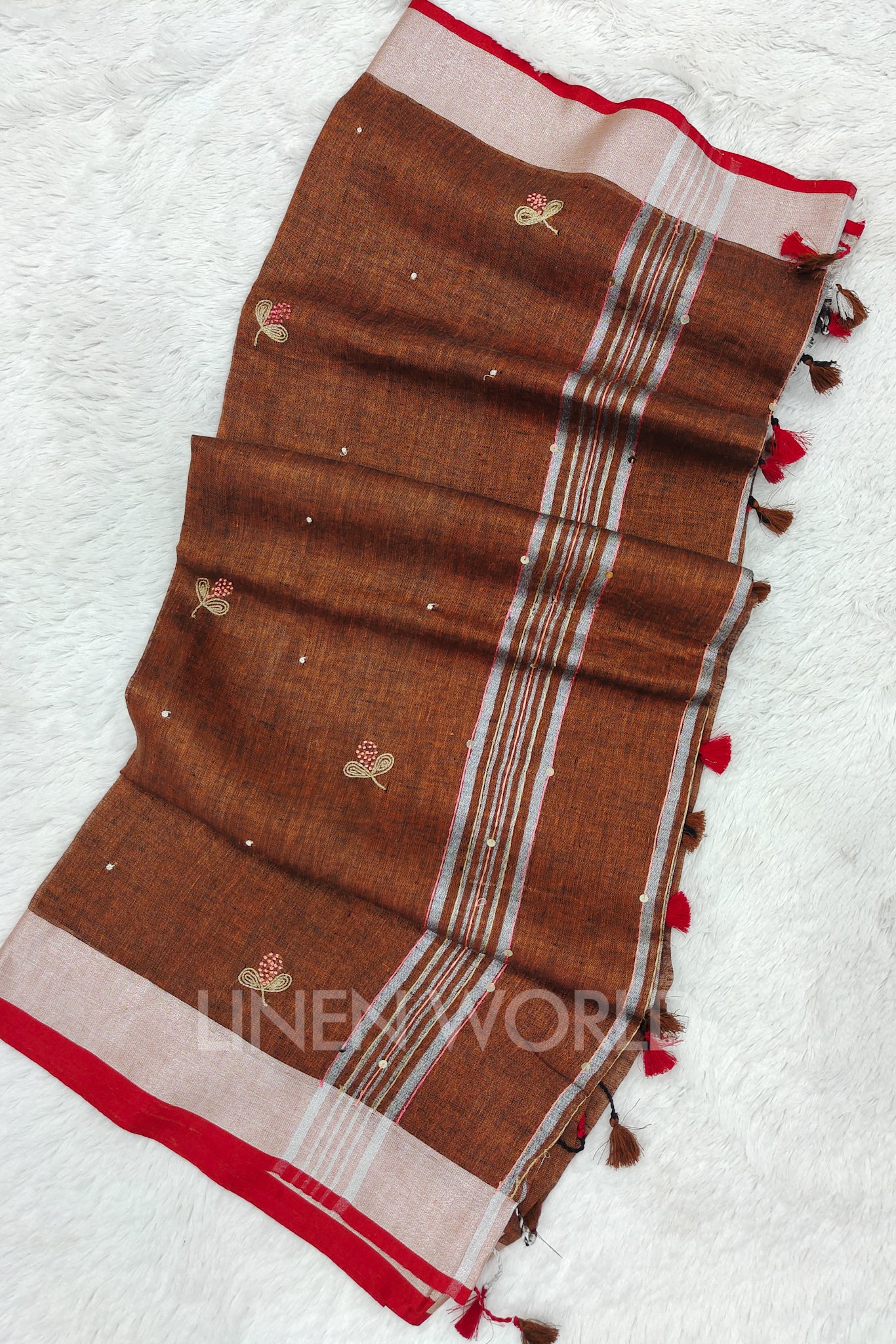 aqsa (brown french knot linen saree) - linenworldonline.in