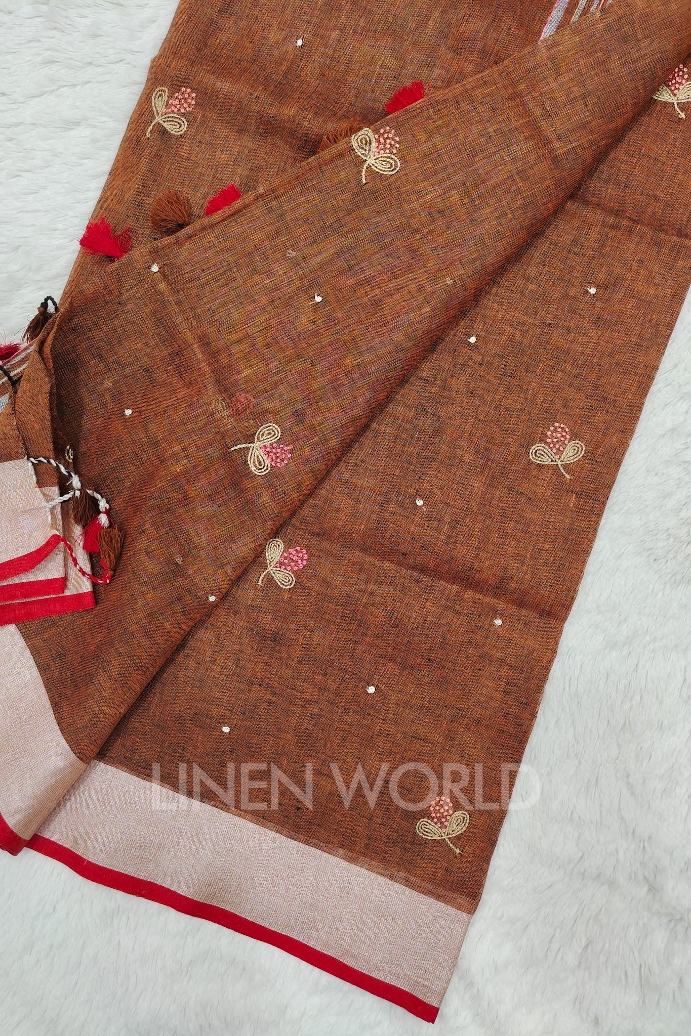 aqsa (brown french knot linen saree) - linenworldonline.in