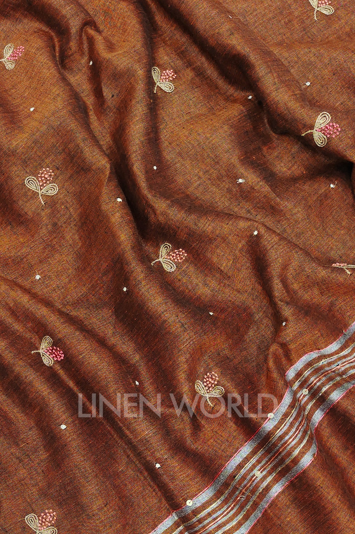 aqsa (brown french knot linen saree) - linenworldonline.in