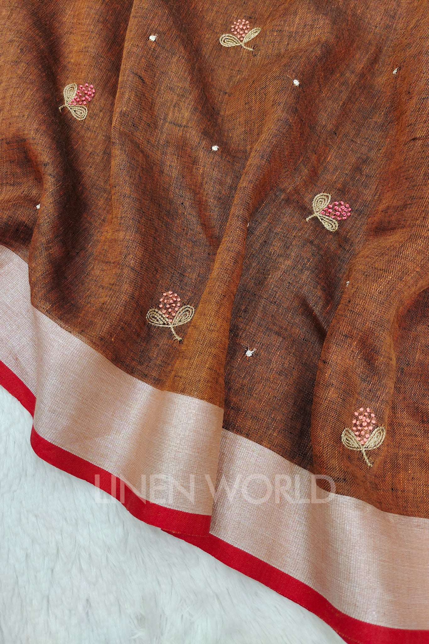 aqsa (brown french knot linen saree) - linenworldonline.in