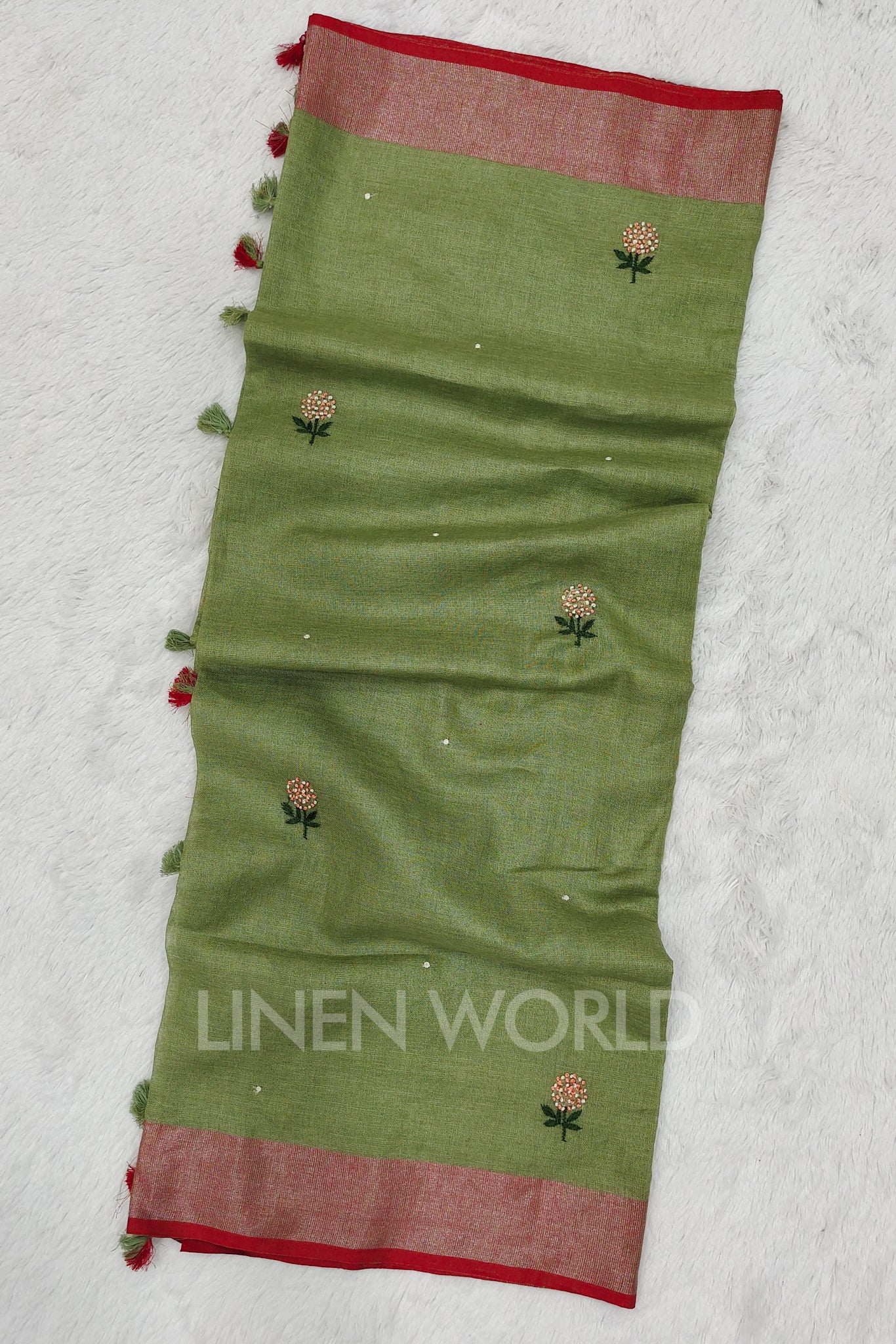 afra (olive green french knot linen saree) - linenworldonline.in