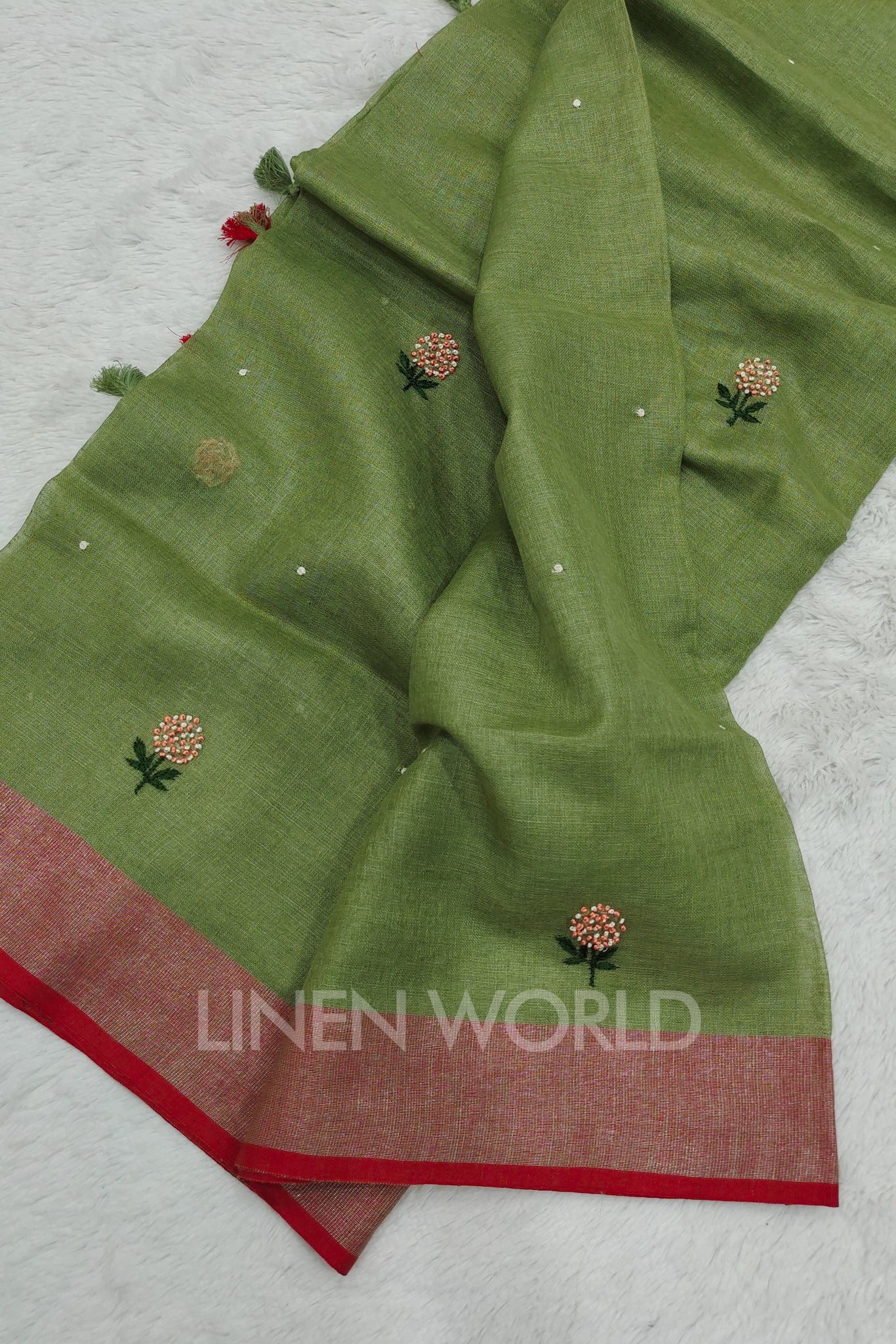 afra (olive green french knot linen saree) - linenworldonline.in