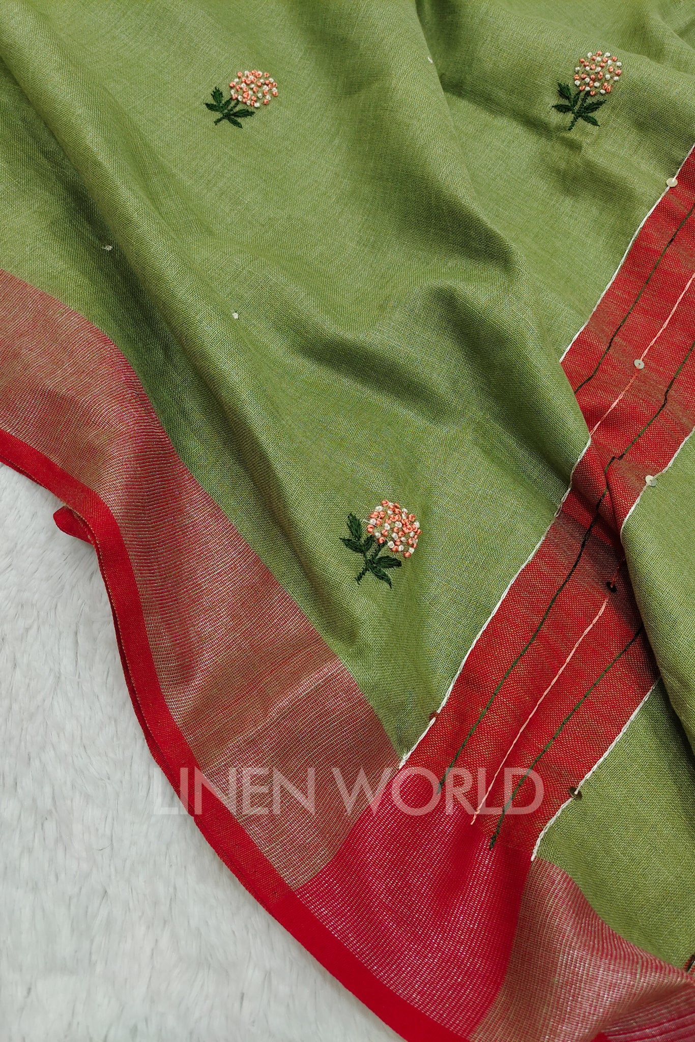 afra (olive green french knot linen saree) - linenworldonline.in