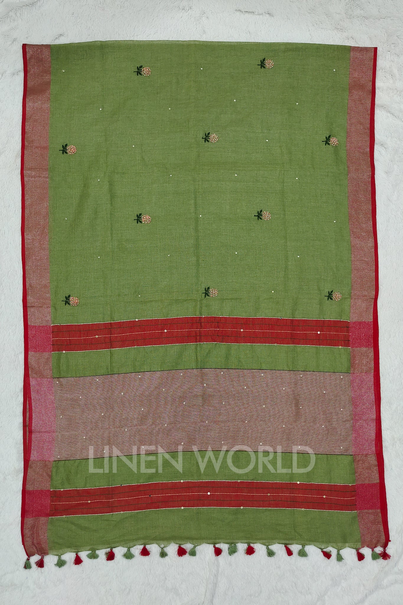 afra (olive green french knot linen saree) - linenworldonline.in