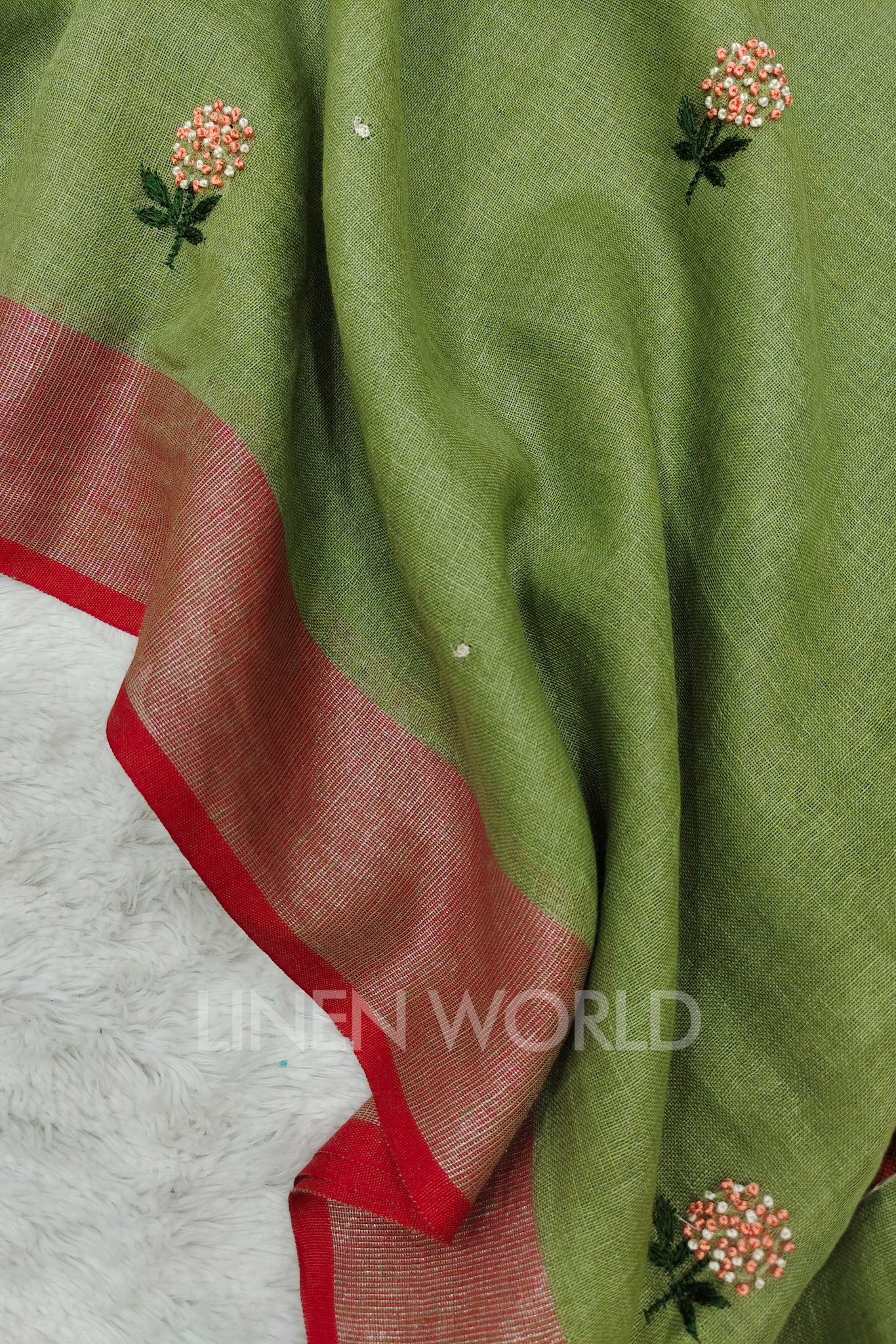 afra (olive green french knot linen saree) - linenworldonline.in