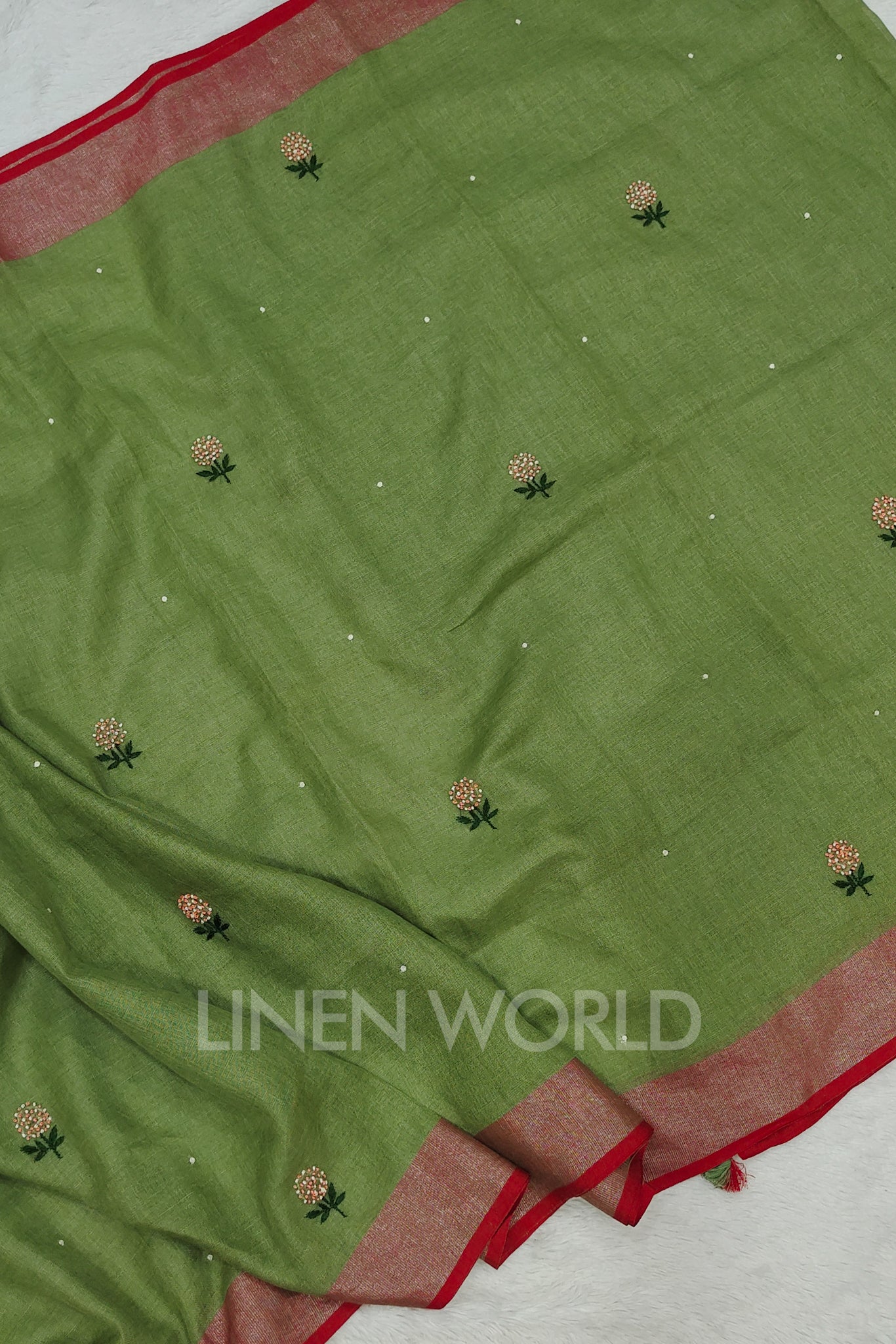 afra (olive green french knot linen saree) - linenworldonline.in